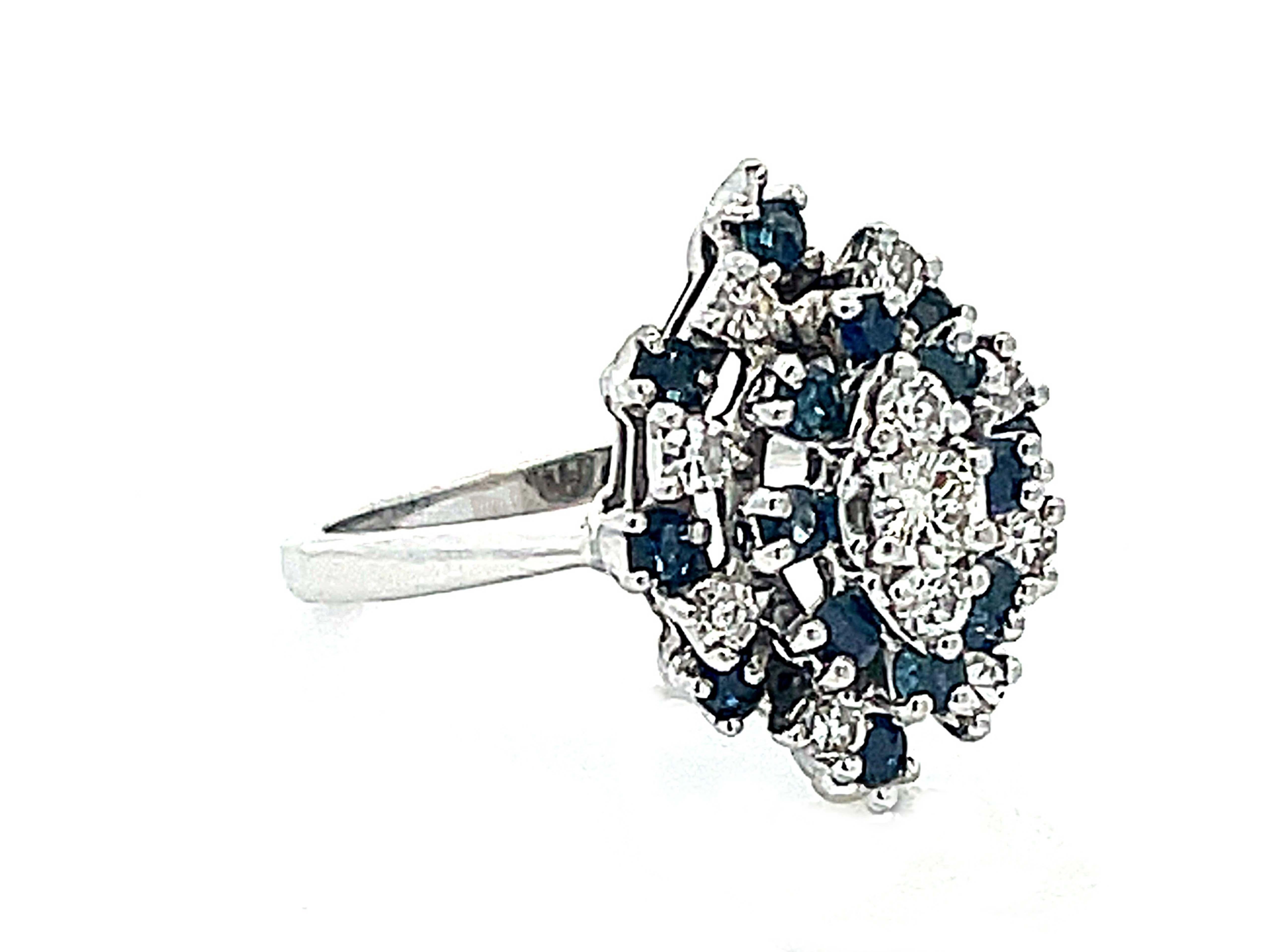 Retro Marquise Shaped Sapphire Diamond Cluster Ring in 14k White Gold For Sale