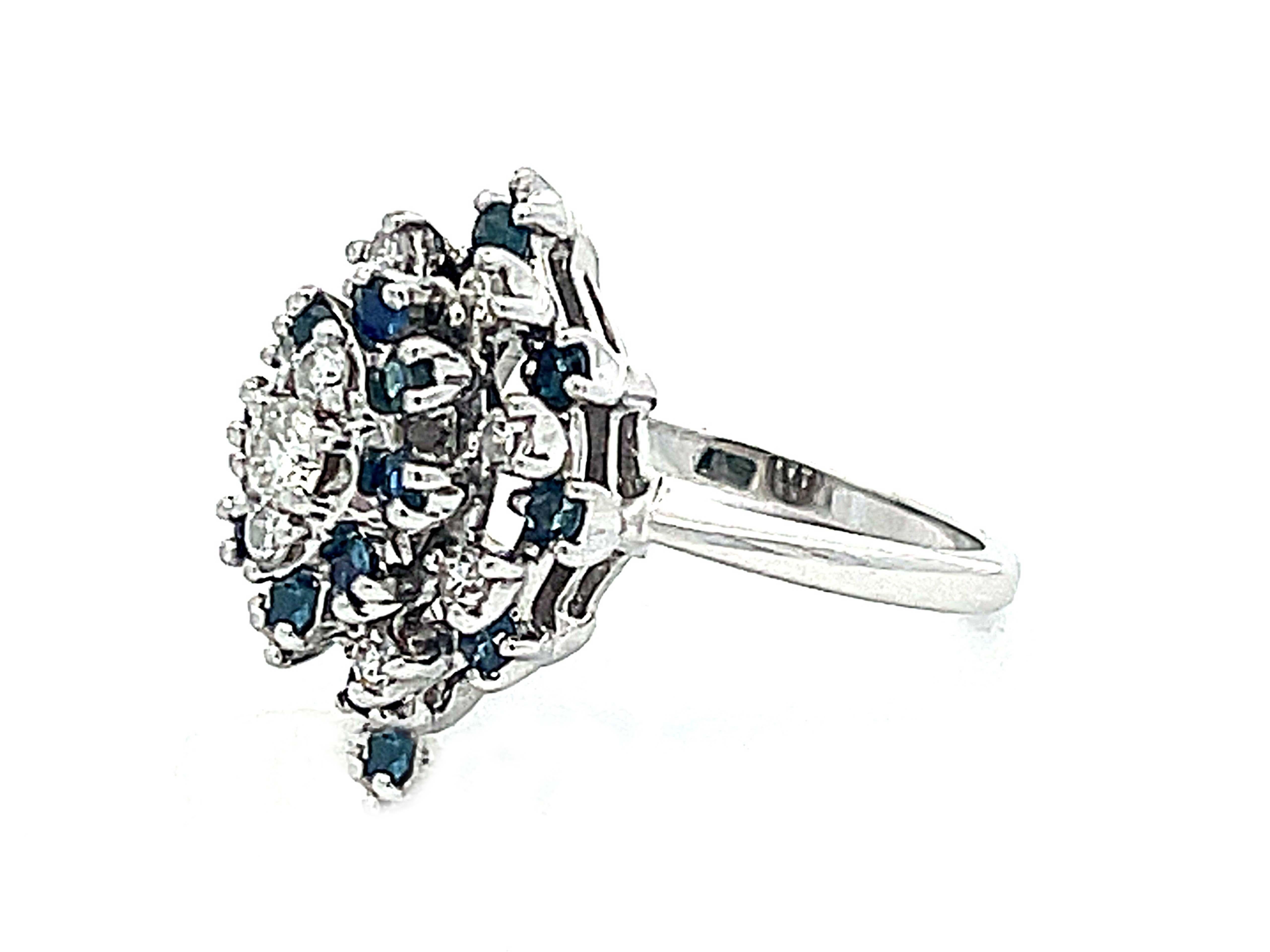 Brilliant Cut Marquise Shaped Sapphire Diamond Cluster Ring in 14k White Gold For Sale