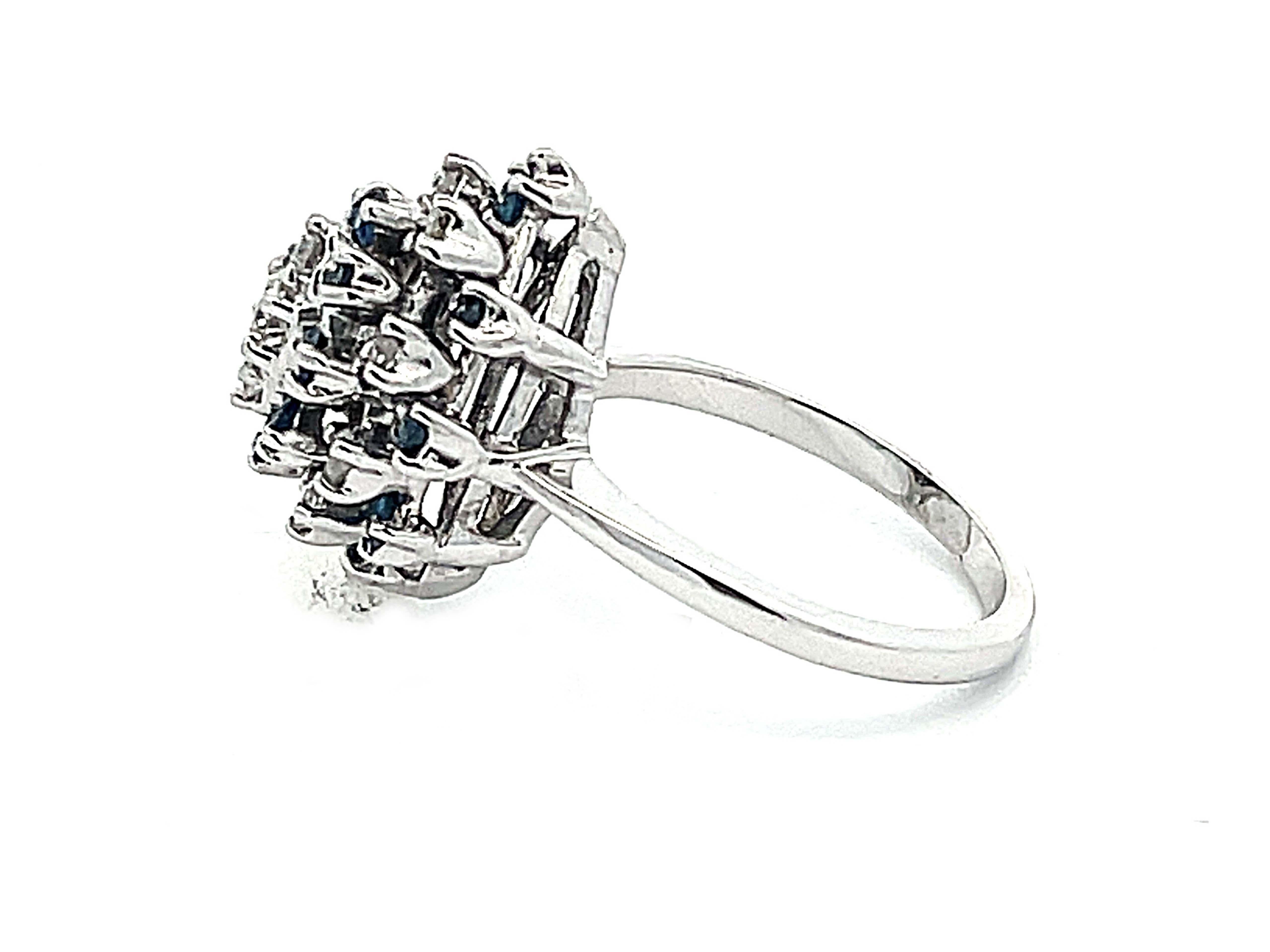 Men's Marquise Shaped Sapphire Diamond Cluster Ring in 14k White Gold For Sale