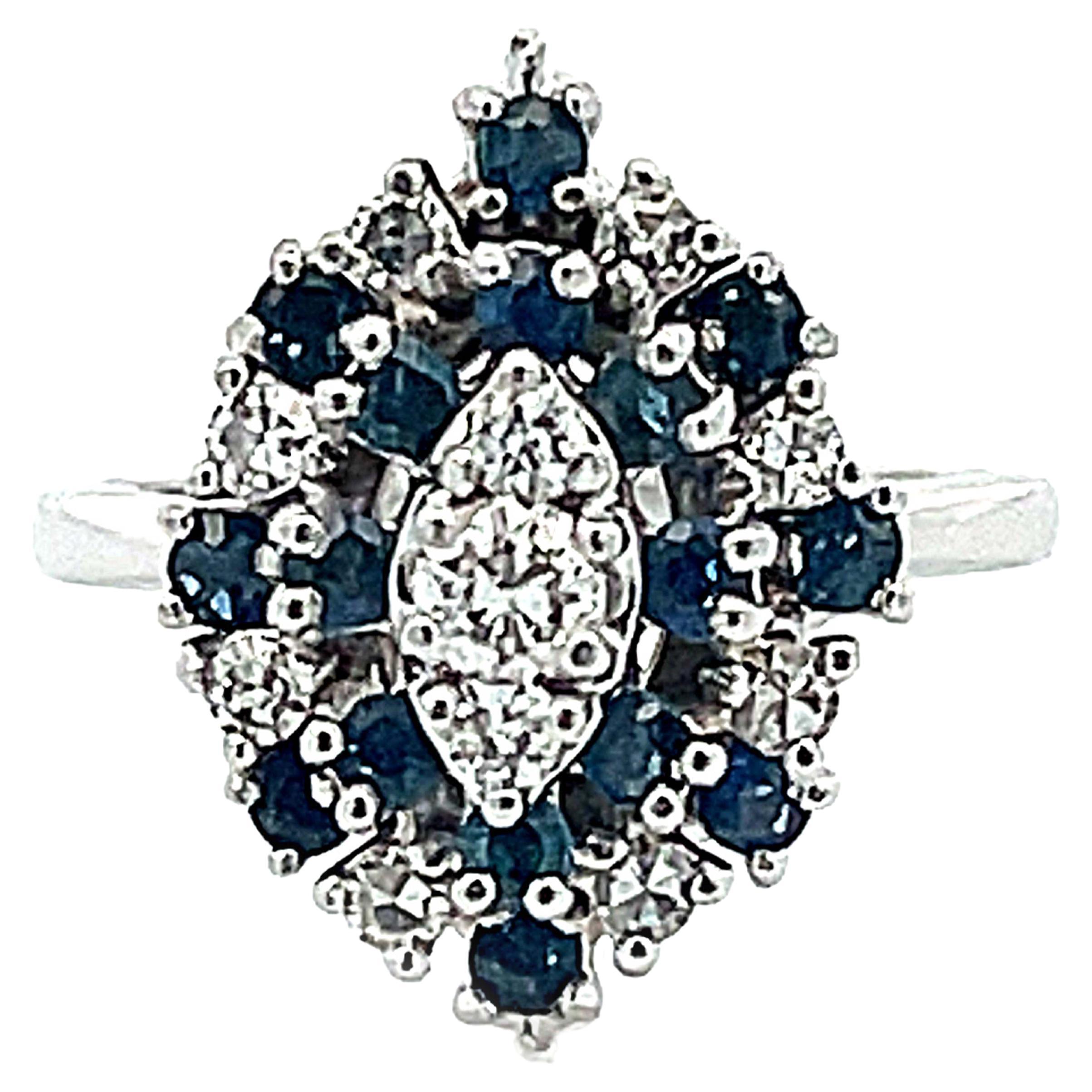 Marquise Shaped Sapphire Diamond Cluster Ring in 14k White Gold For Sale