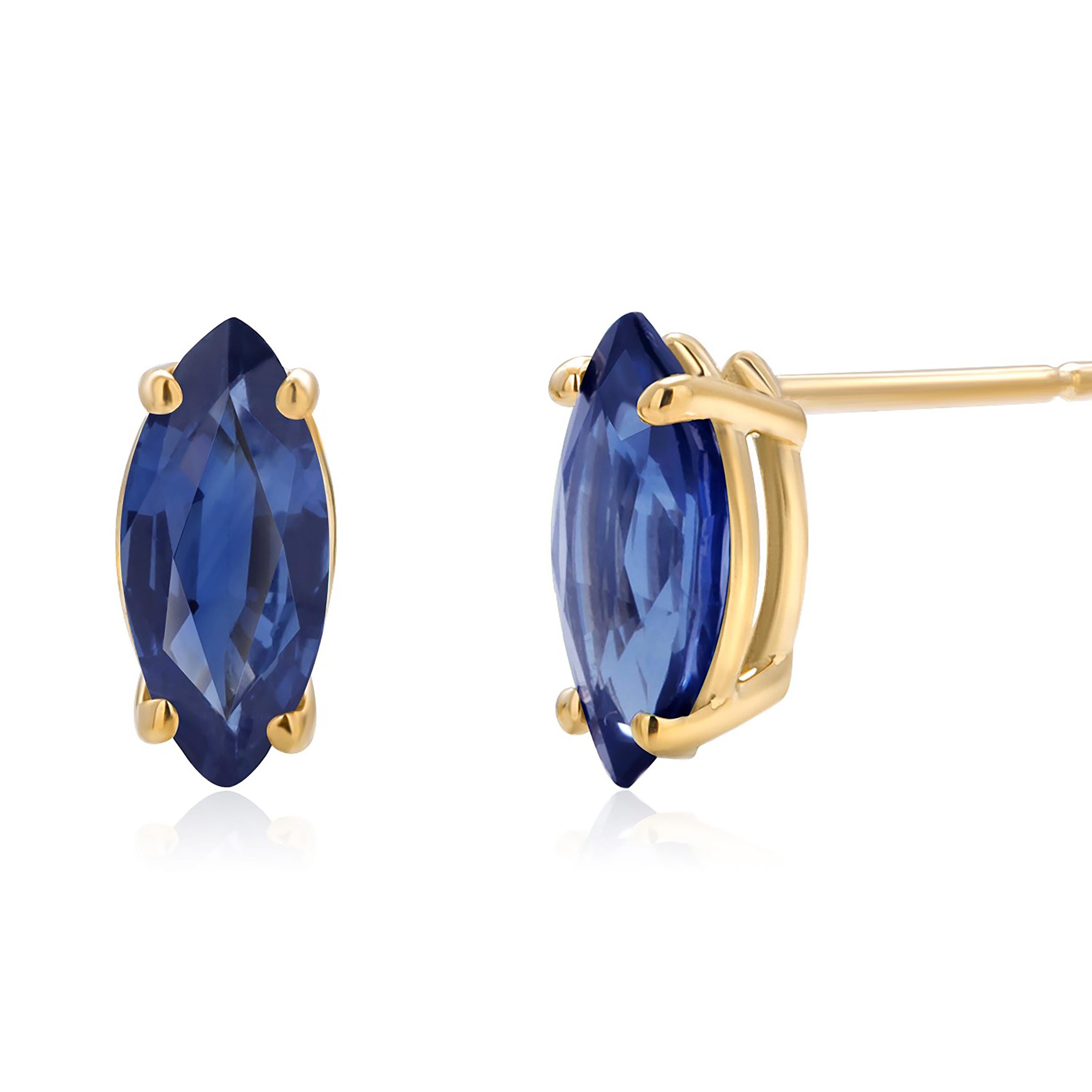 Marquise Blue Sapphire 1.30 Carats 14 Karat Yellow Gold 0.30 Inch Stud Earrings  In New Condition In New York, NY