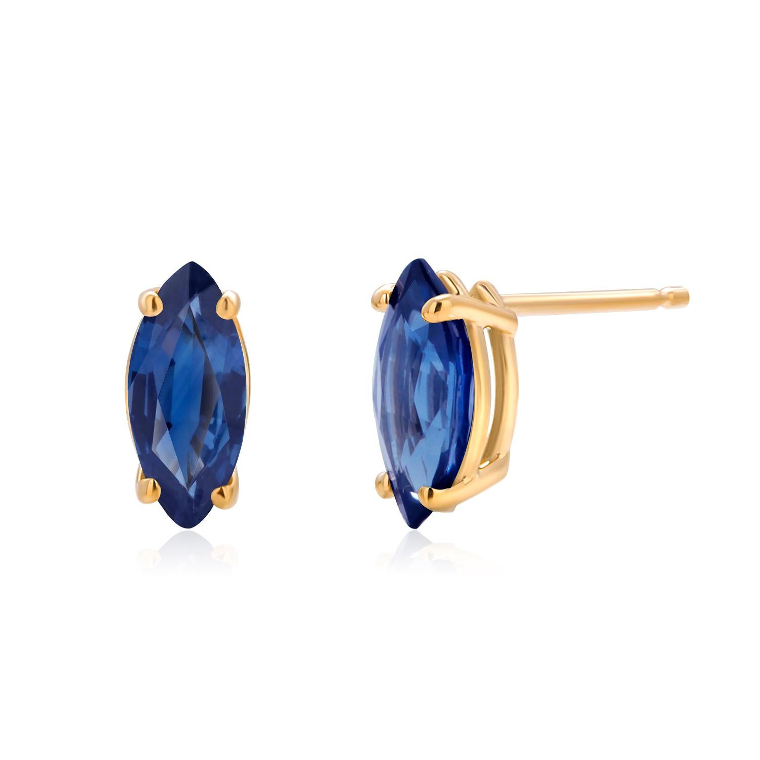 Marquise Blue Sapphire 1.30 Carats 14 Karat Yellow Gold 0.30 Inch Stud Earrings  2