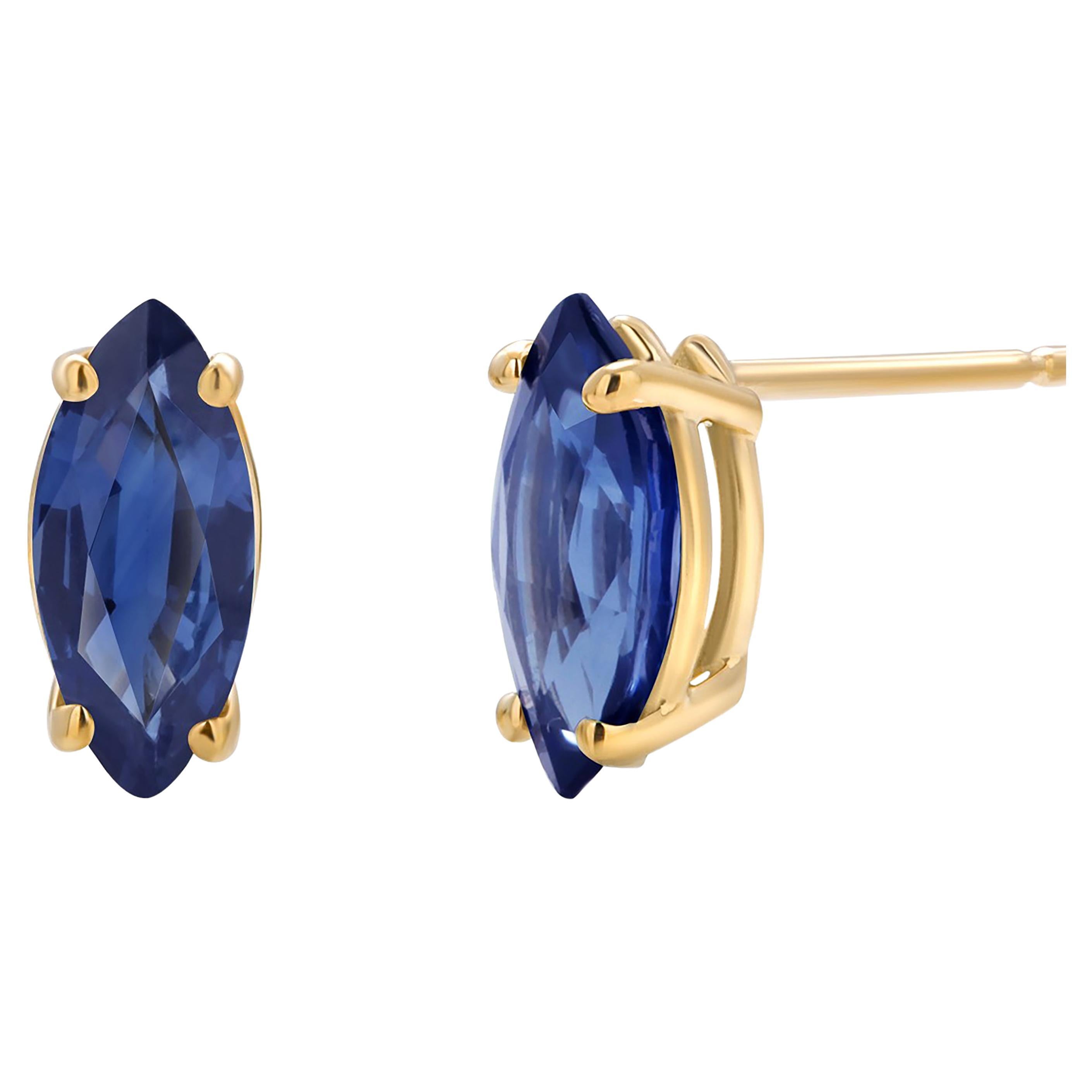 Marquise Blue Sapphire 1.30 Carats 14 Karat Yellow Gold 0.30 Inch Stud Earrings 