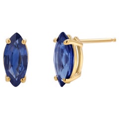 Marquise Blue Sapphire 1.30 Carats 14 Karat Yellow Gold 0.30 Inch Stud Earrings 