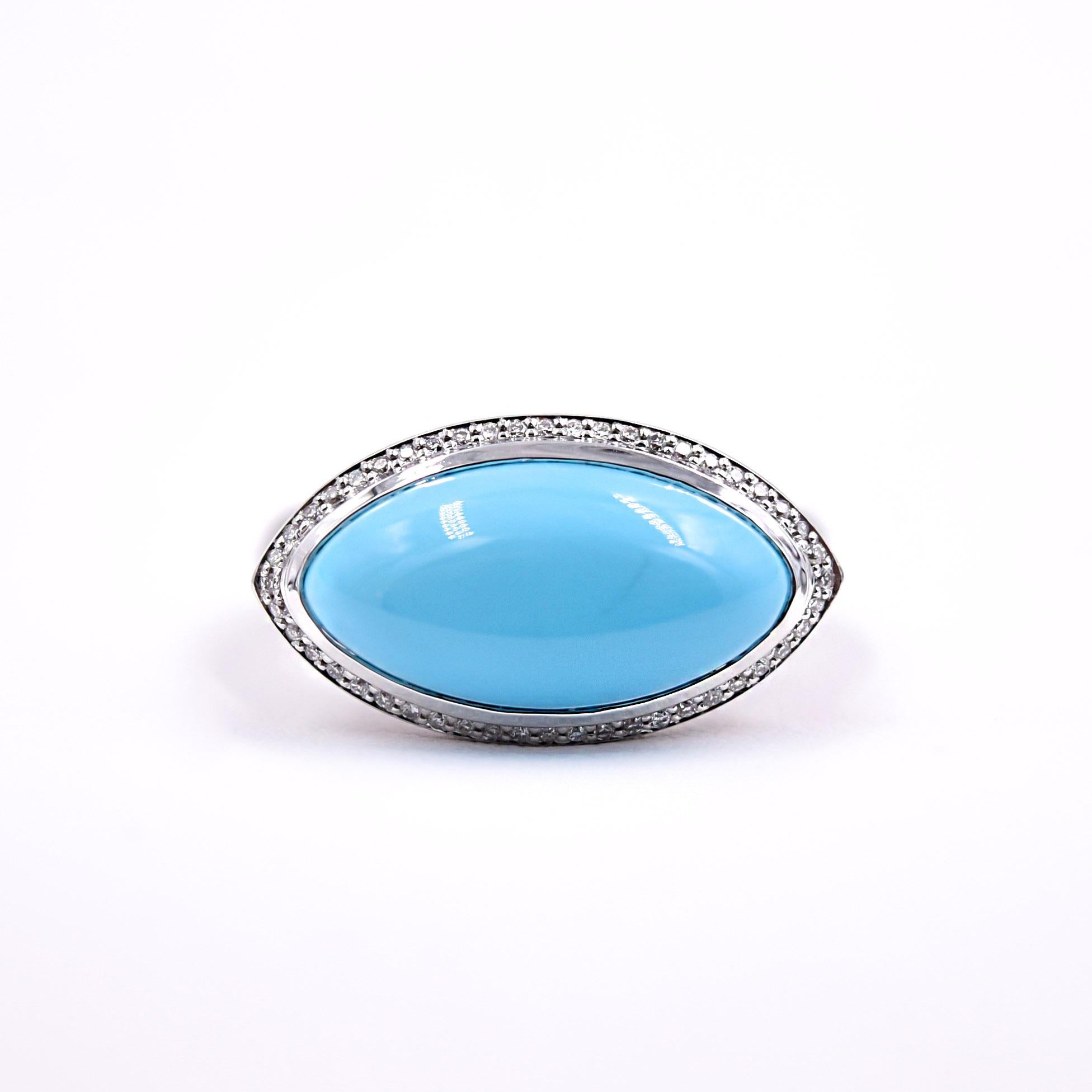 - Sleeping Beauty colored 4.72ct Cabochon Turquoise Statement Ring
- Setting East to West of marquise shaped Turquoise
- Halo of White Diamonds .12cts
- Sand blasted 18K White Gold Finish
- Size 6.5 
- This Ring can be sized