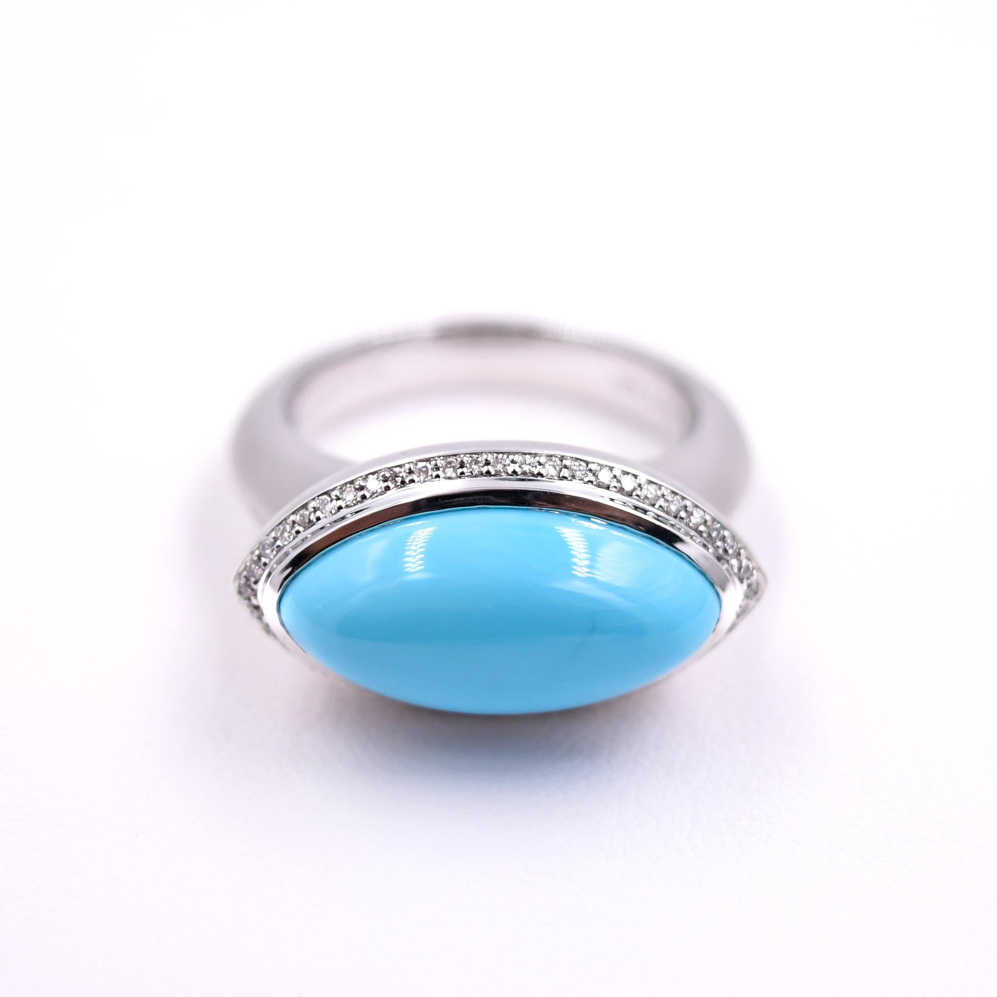 Contemporary Marquise Shaped Turquoise and White Diamond Cocktail Ring, 18K Satin White Gold  For Sale