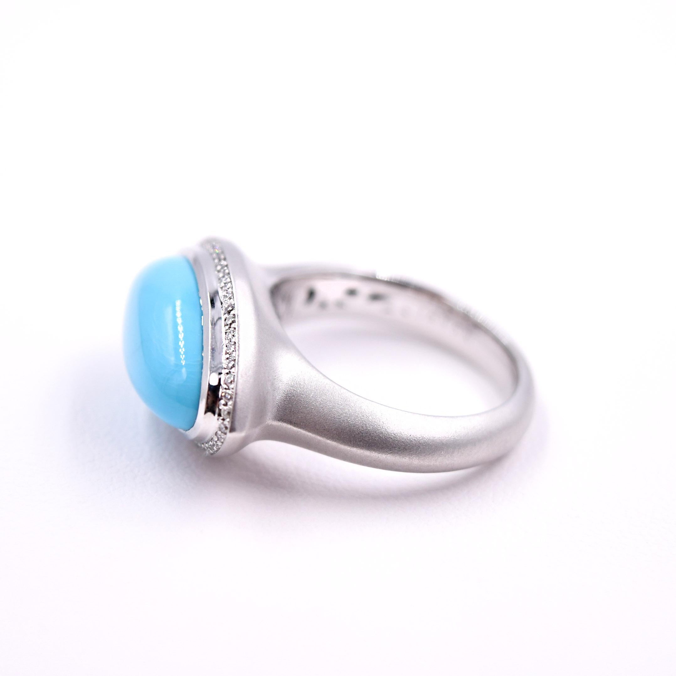 Marquise Shaped Turquoise and White Diamond Cocktail Ring, 18K Satin White Gold  In New Condition For Sale In Mill Valley, CA