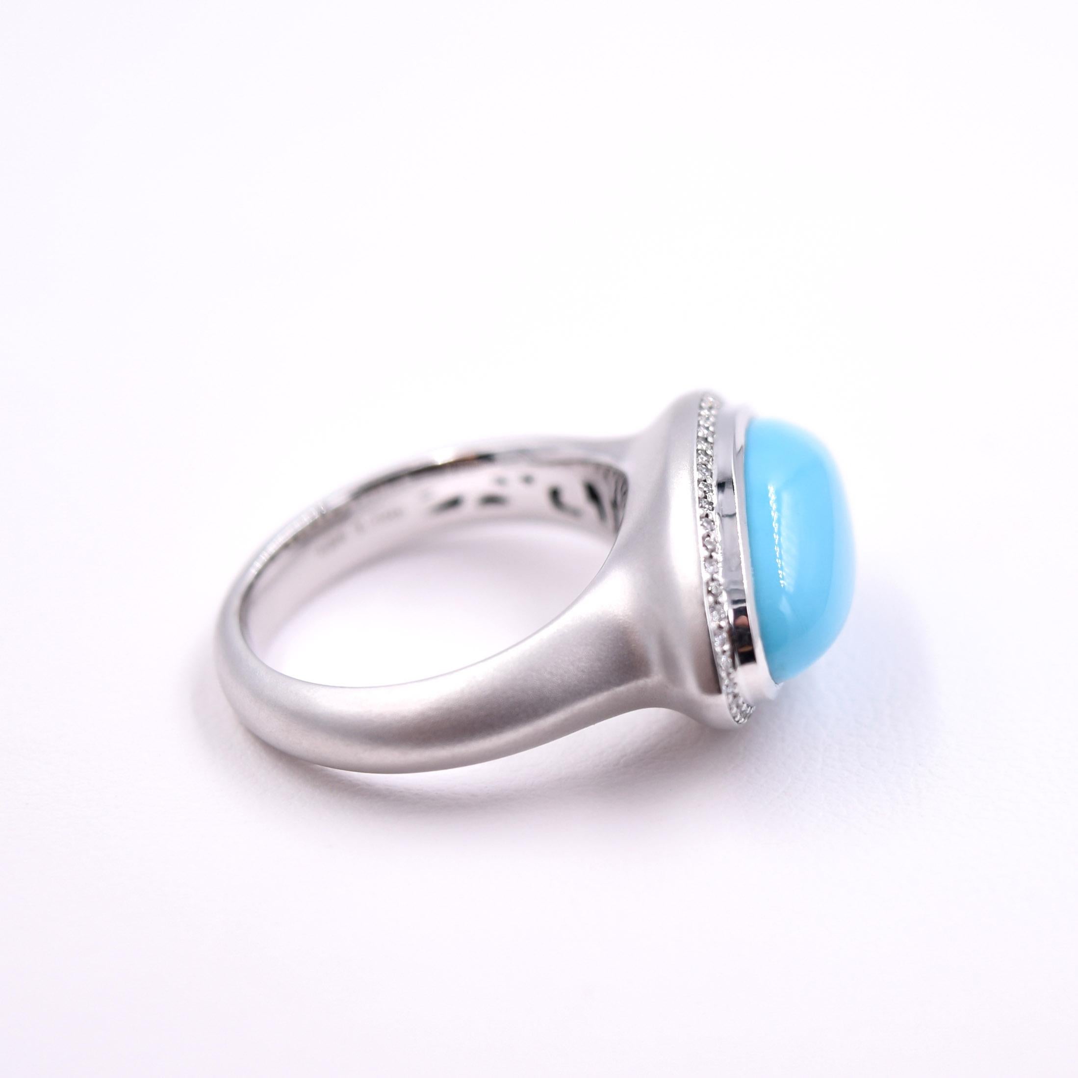 Marquise Shaped Turquoise and White Diamond Cocktail Ring, 18K Satin White Gold  For Sale 1