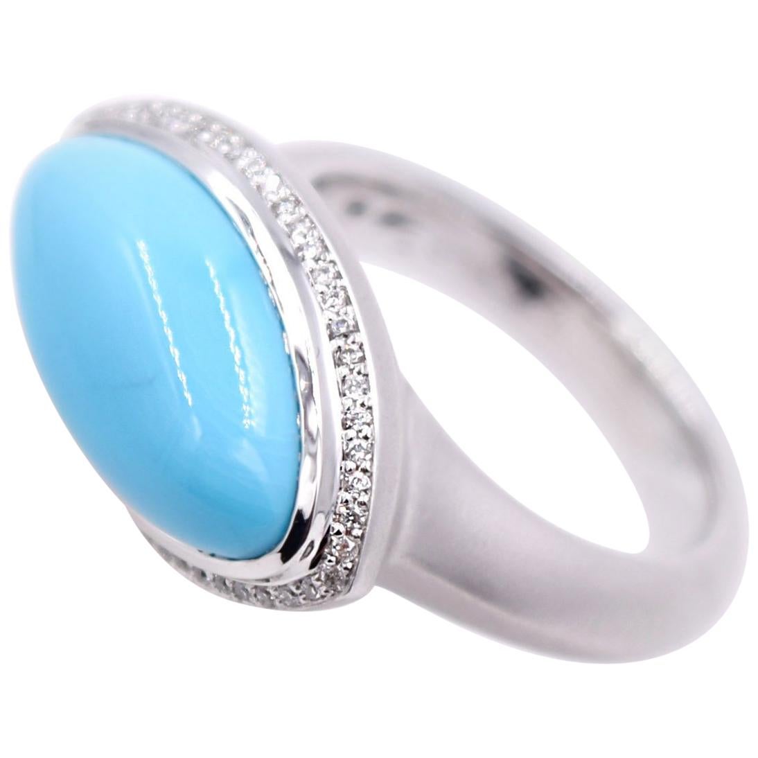 Marquise Shaped Turquoise and White Diamond Cocktail Ring, 18K Satin White Gold  For Sale