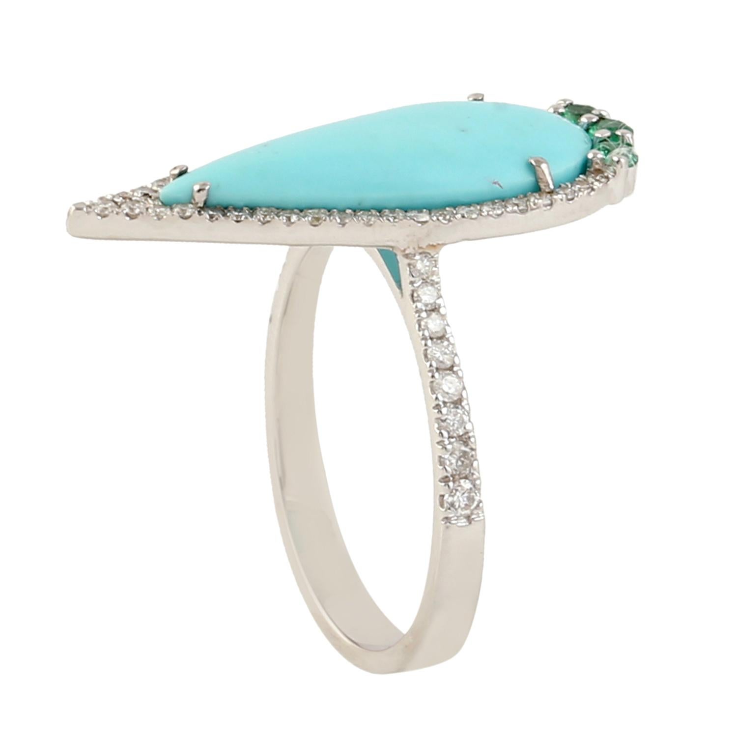 Contemporary Marquise Shaped Turquoise & Emerald Ring With Diamonds In 18k White Gold For Sale