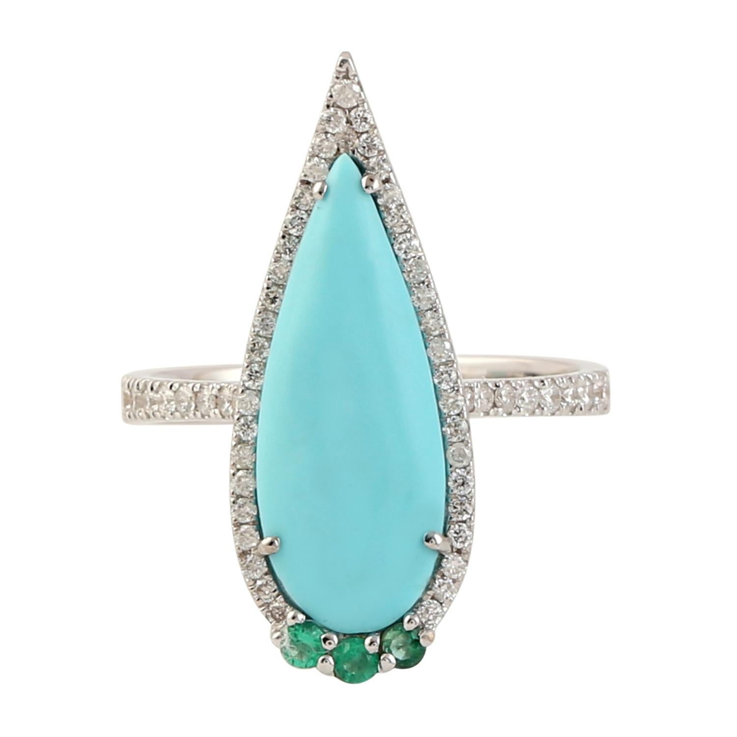 Mixed Cut Tear Drop Turquoise & Emerald Ring With Diamonds In 18k White Gold For Sale