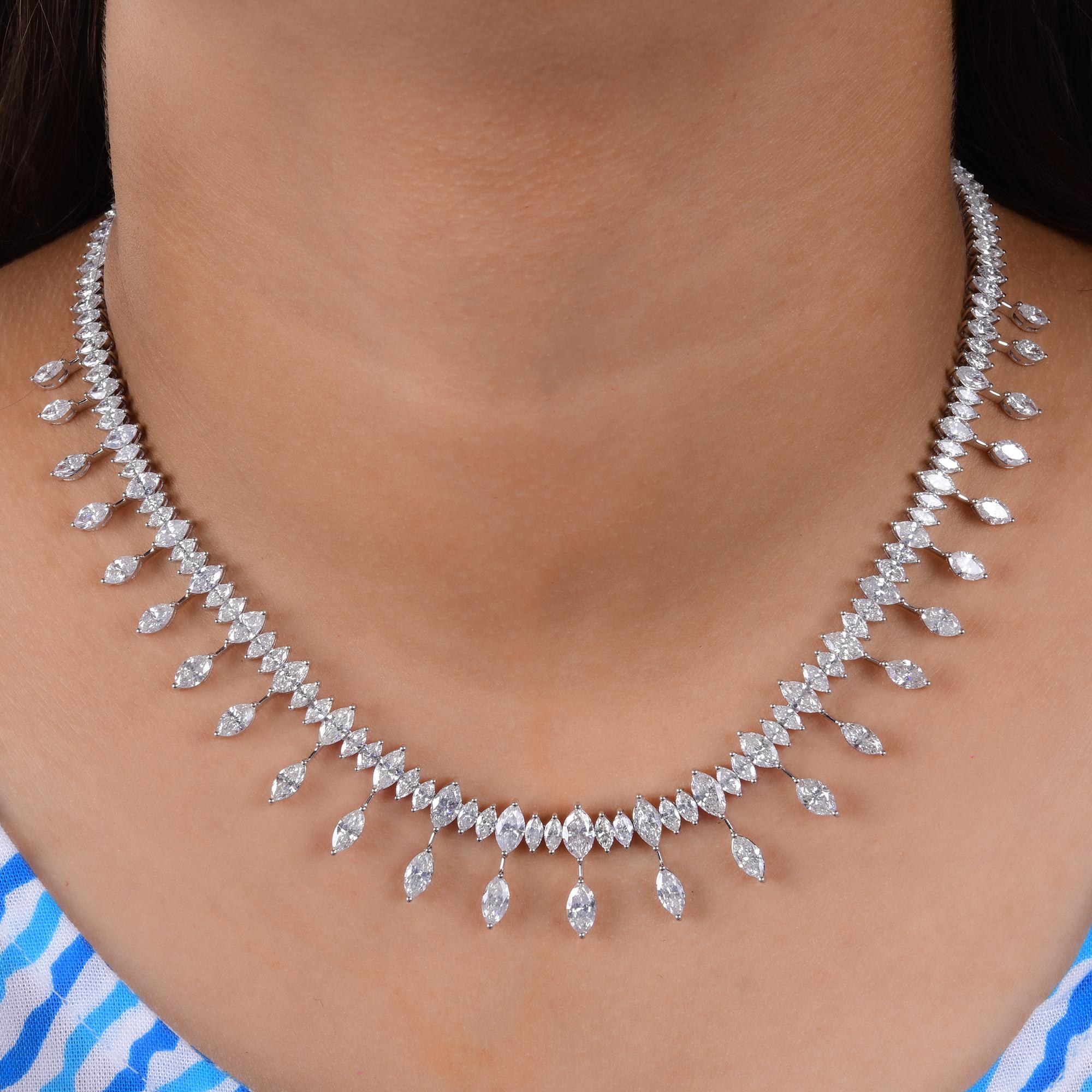 Marquise SI/H 26.36Ct Collana nuziale a girocollo di diamanti in oro bianco 14k Gioielli
Questa collana, progettata con una delicata sequenza di diamanti a forma di marquise, crea un morbido effetto a cascata lungo la scollatura, evidenziando la
