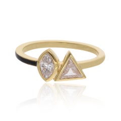 Marquise Triangle Cut Two Diamond Ring 14K Yellow Gold Band with Black Enamel
