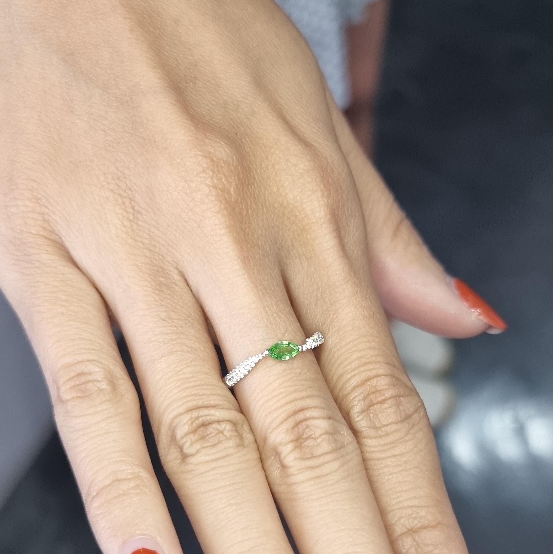 Women's Marquise Tsavorite and White Round Sapphires set in White Gold Ring For Sale