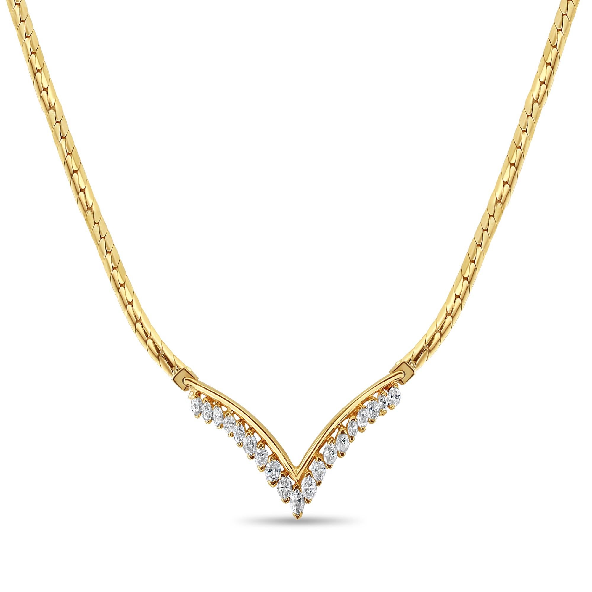 Marquise Cut Marquise 'V' Shaped Diamond Necklace 1.75cttw 14k Yellow Gold For Sale