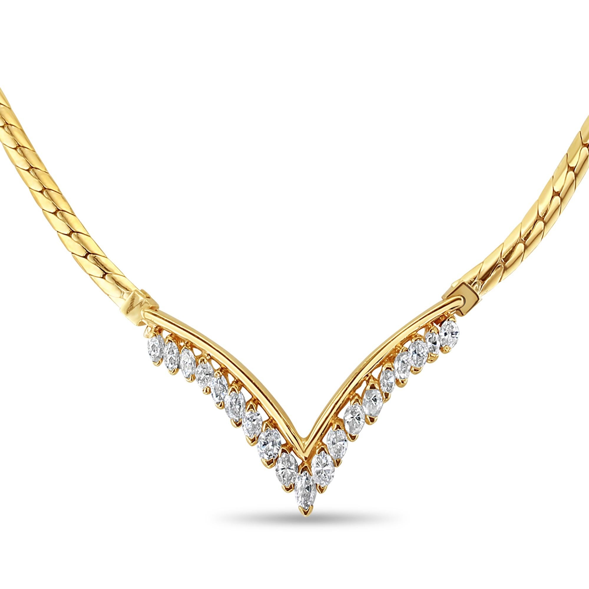 Marquise 'V' Shaped Diamond Necklace 1.75cttw 14k Yellow Gold