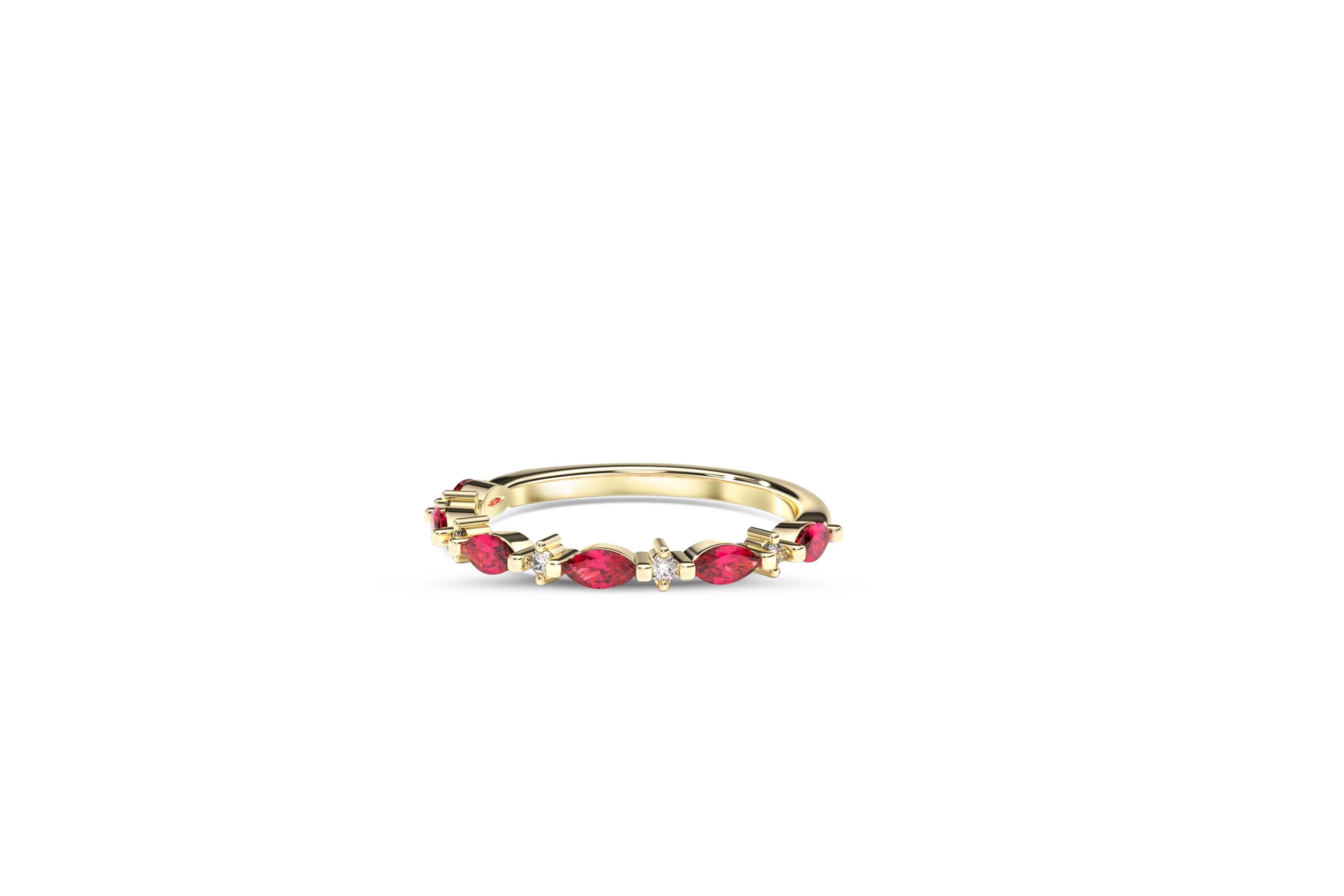 Marquise Wedding 14k gold ring.  Semi-Eterniry Marquise & Round lab ruby, moissanite engagement ring. Thin Marquise Stackable Ring.  Half eternity Moissanite, Ruby Matching Band.

Metal: 14k gold 
Weight: 2.2 gr depends from size.

Gemstones:
Lab