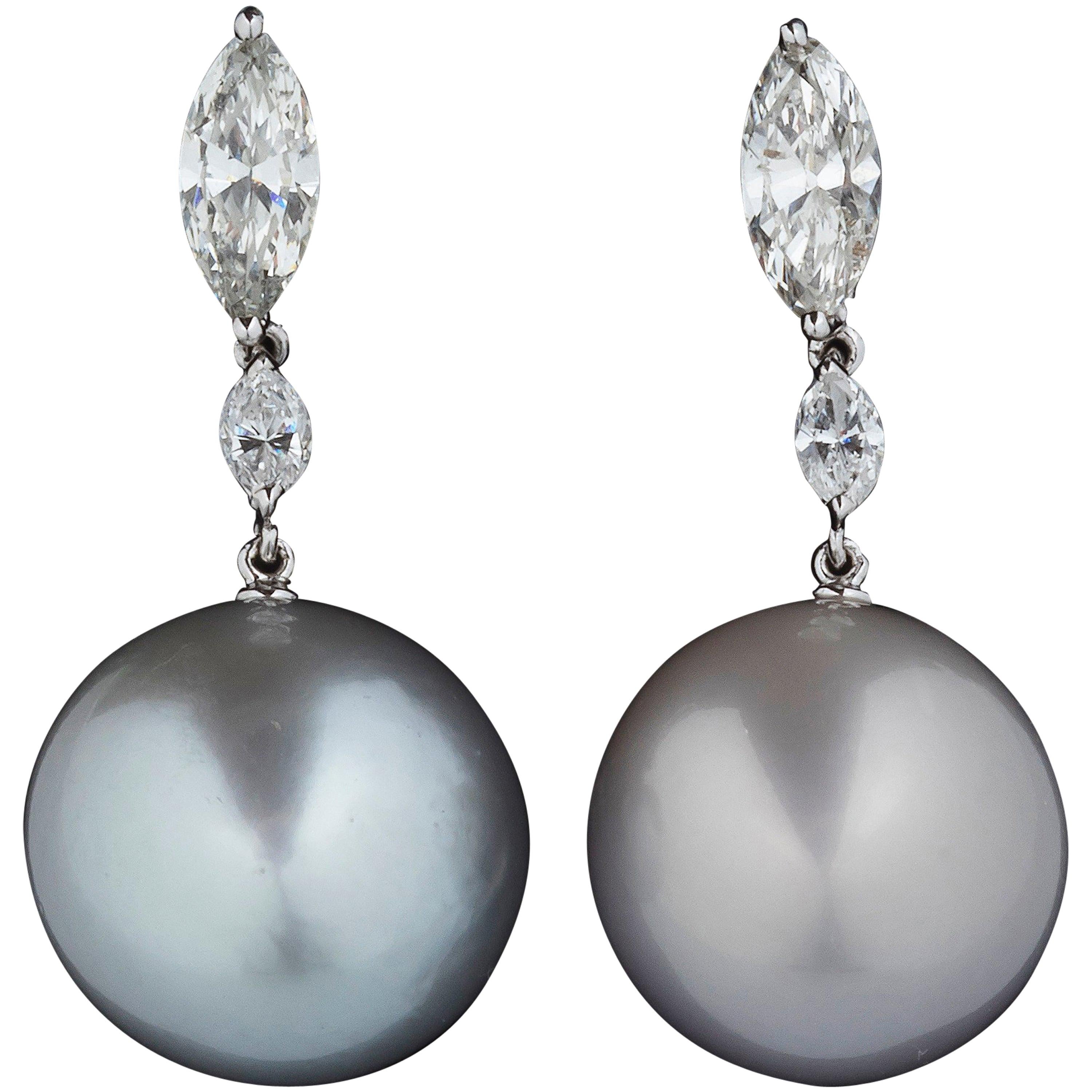 Marquise White Diamond 18 Karat Gold Australian Pearl Dangle Drop Earrings For Sale