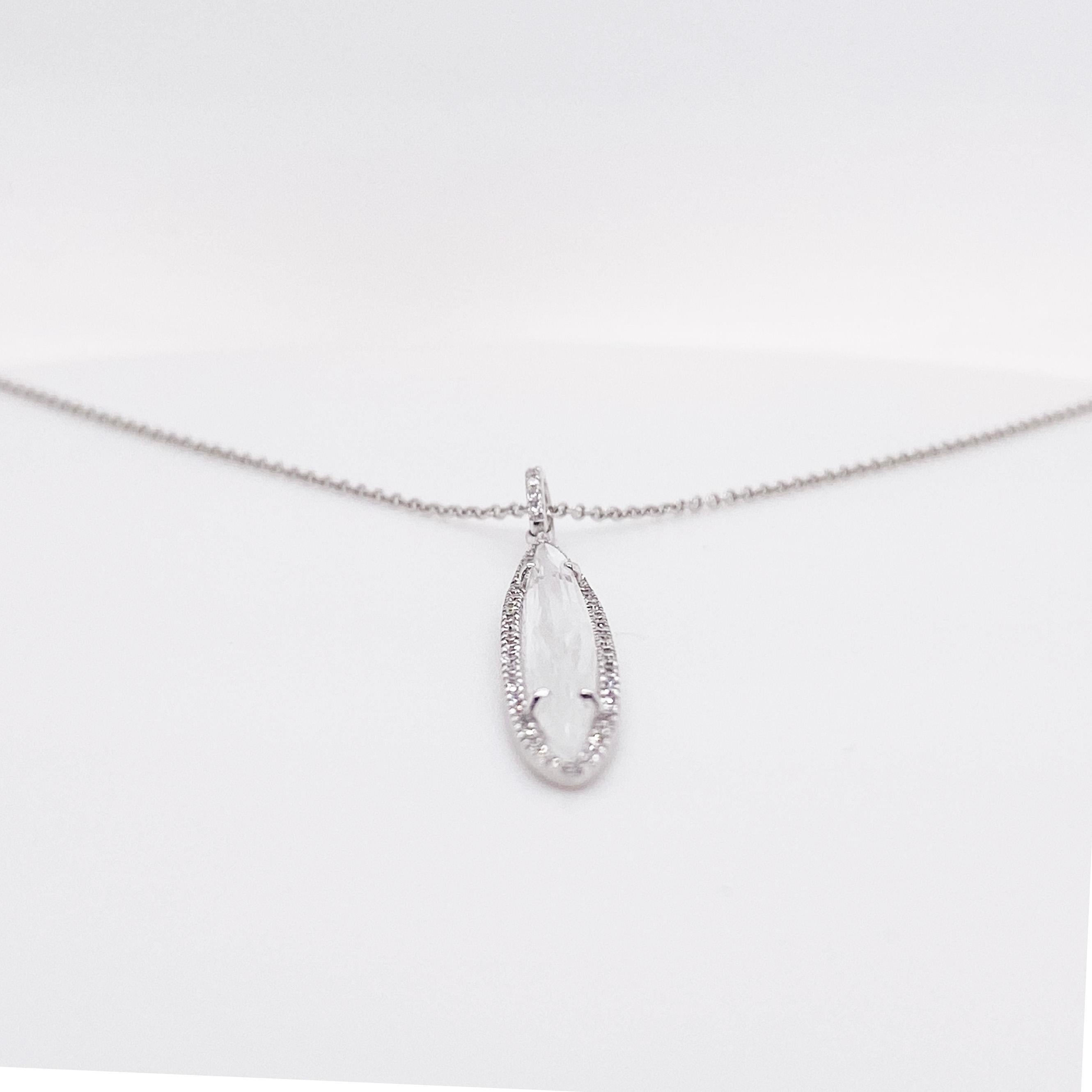 Women's Marquise White Topaz and Diamond Pendant, 14k White Gold, Marquise Halo Necklace For Sale