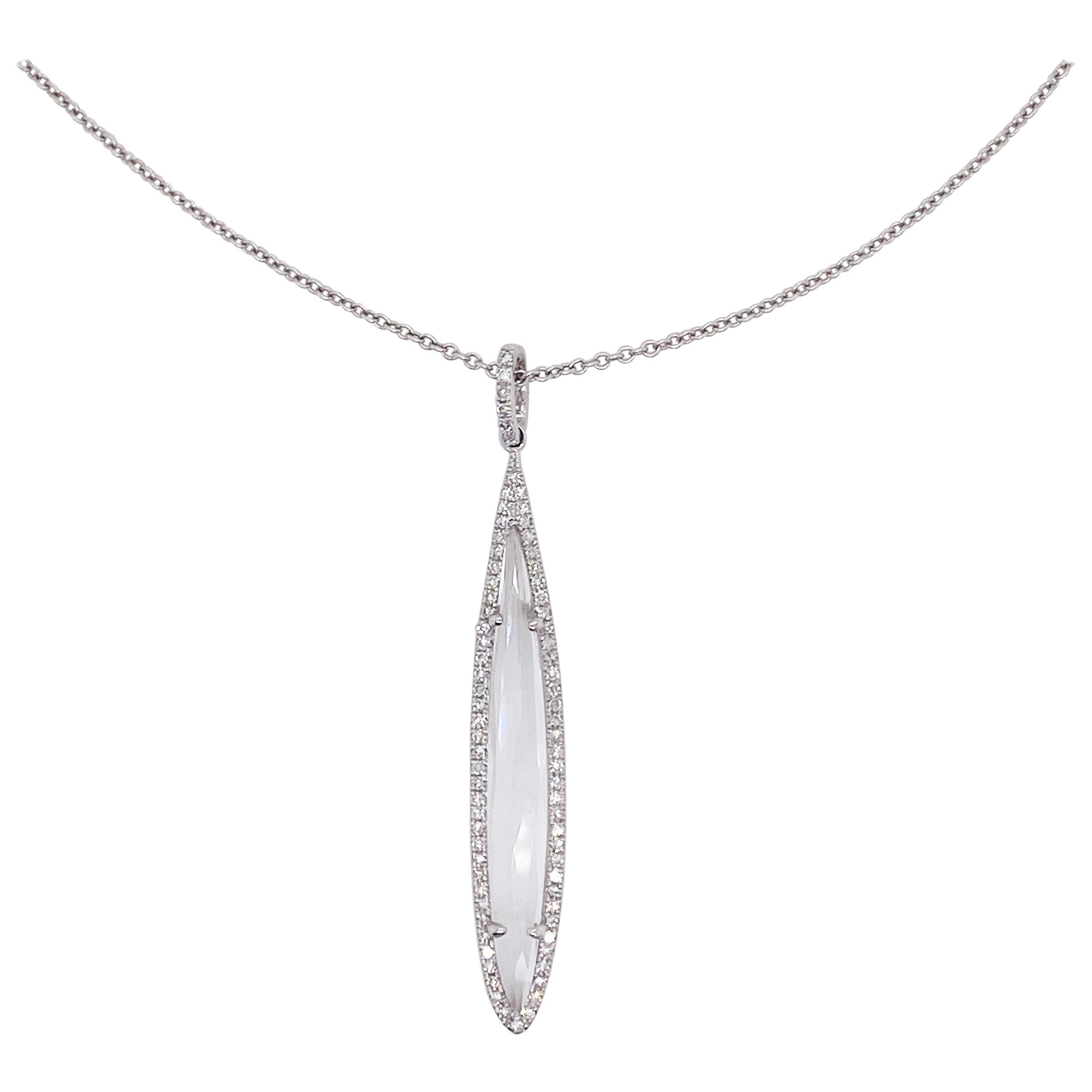 Marquise White Topaz and Diamond Pendant, 14k White Gold, Marquise Halo Necklace For Sale