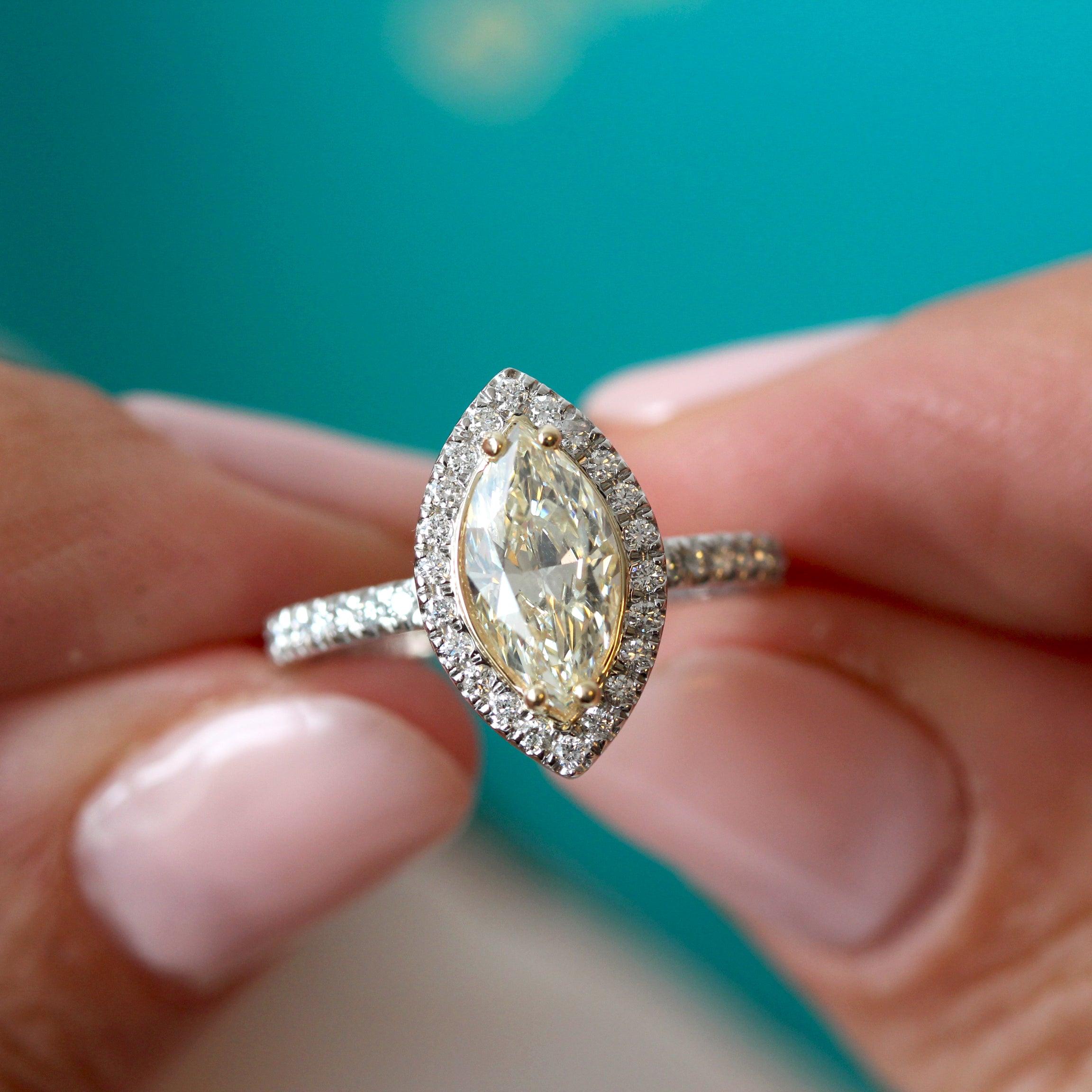 Contemporary Marquise Yellow Halo Diamond Unique Engagement Ring, Alternative Bride - Daisy For Sale
