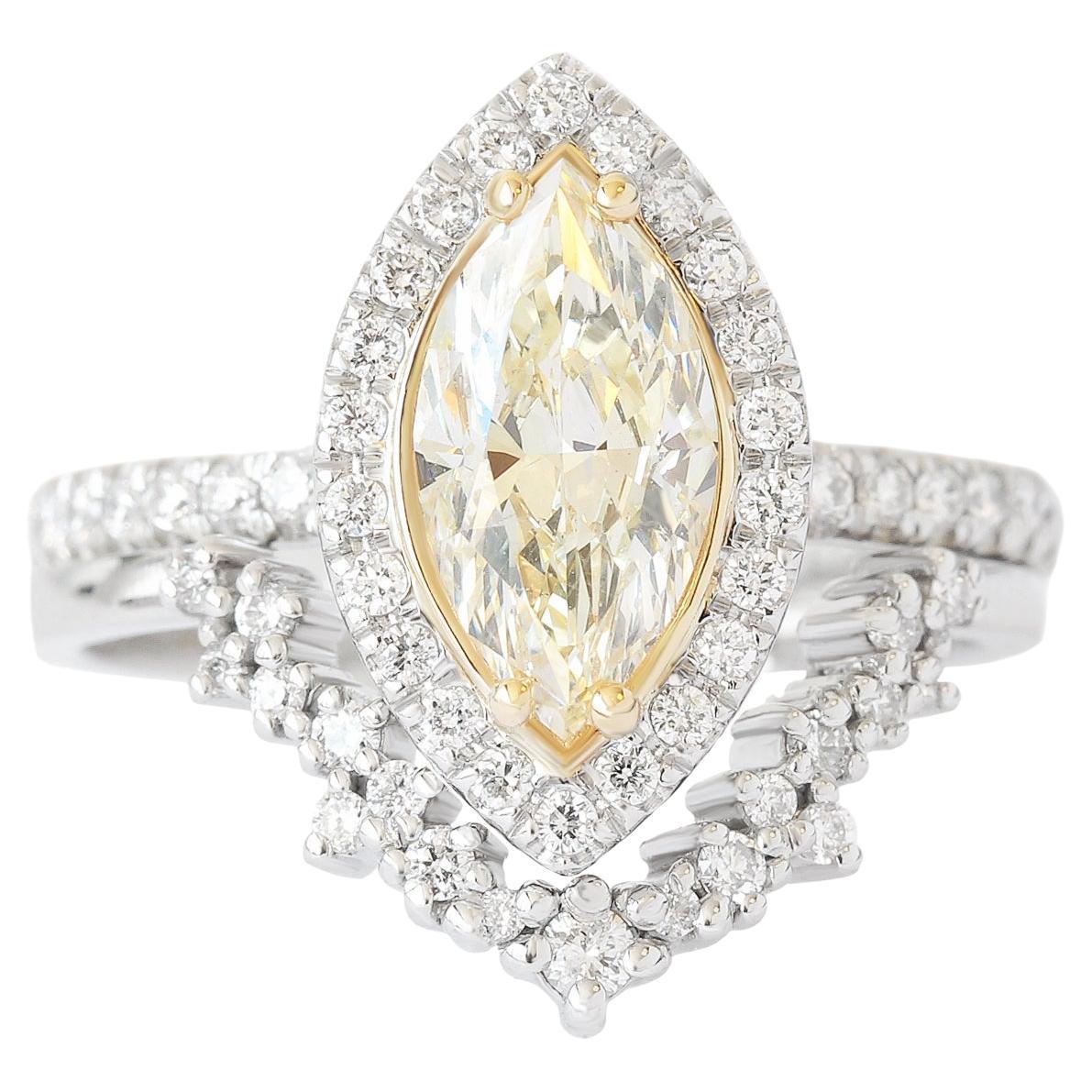 Marquise Yellow Halo Diamond Wedding Two Ring Set - Daisy & Stardust For Sale