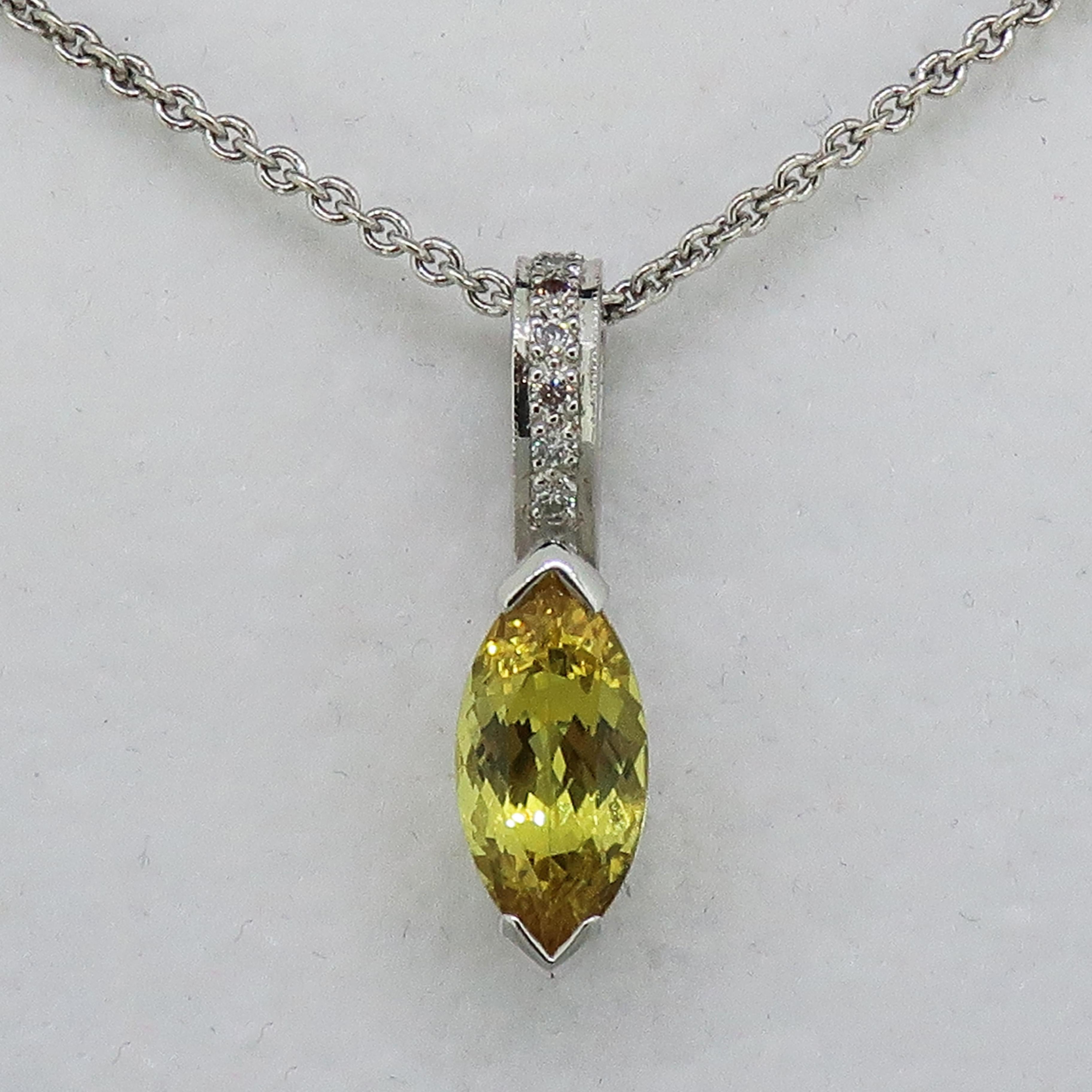 Modern Marquise Yellow Sapphire and Diamond Pendant 18 Karat White Gold For Sale