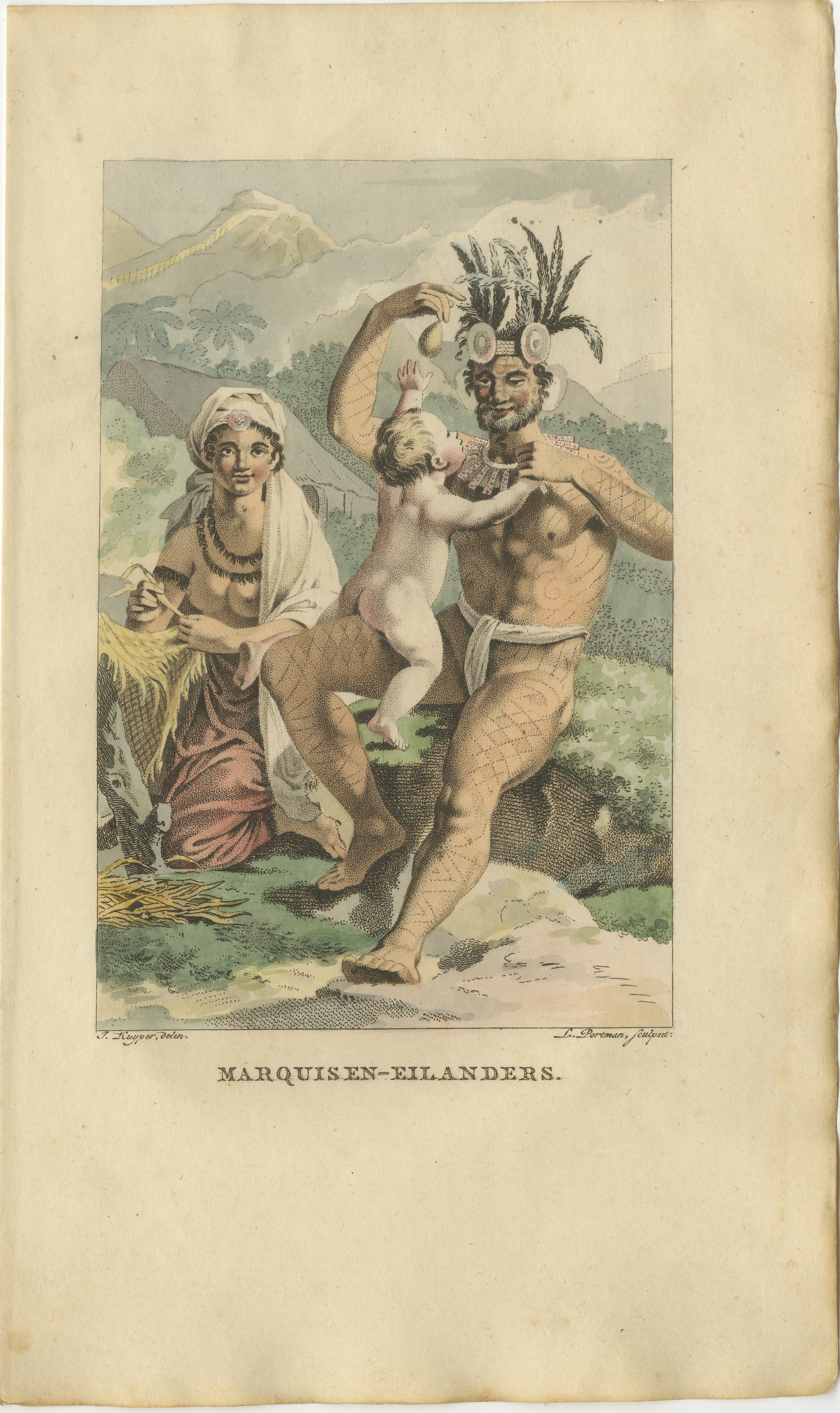 Marquisen-Eilanders – Antique Hand-Colored Ethnographic Engraving (early 1800s)