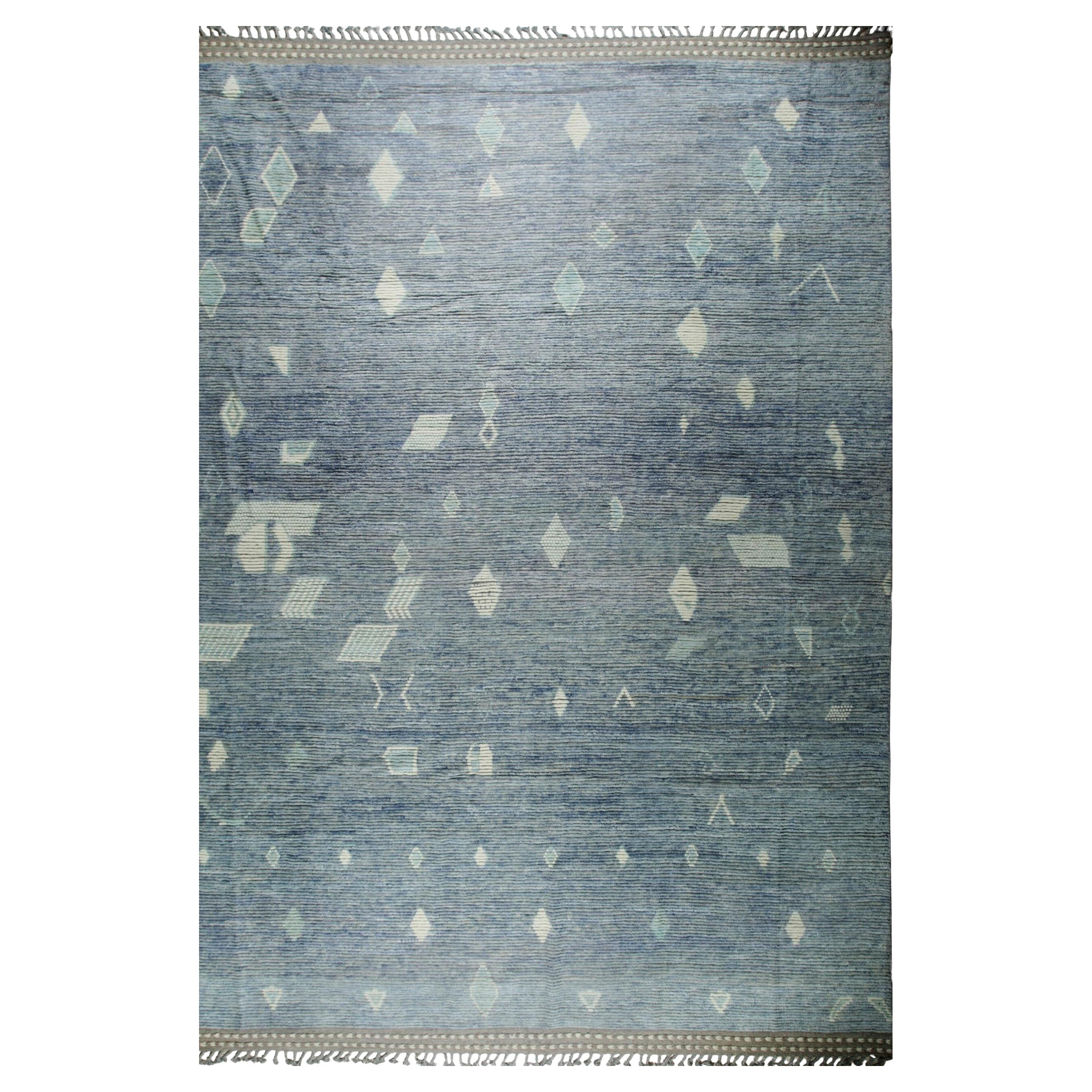 Marrakech Ocean Blue Hand-Knotted Wool Rug Carpet, Abstract Geometric Design For Sale
