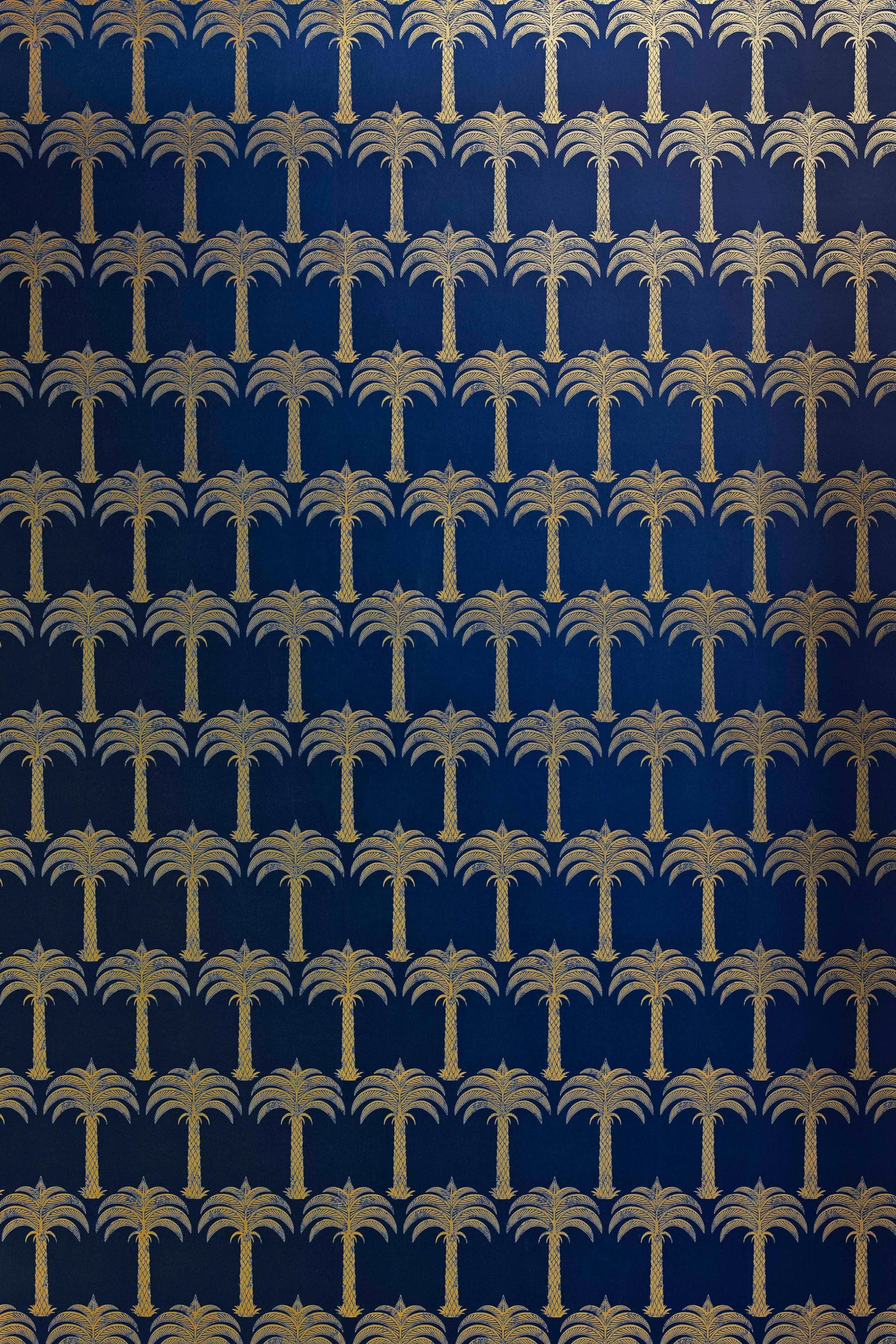 British 'Marrakech Palm' Contemporary, Traditional Wallpaper in Midnight Blue For Sale