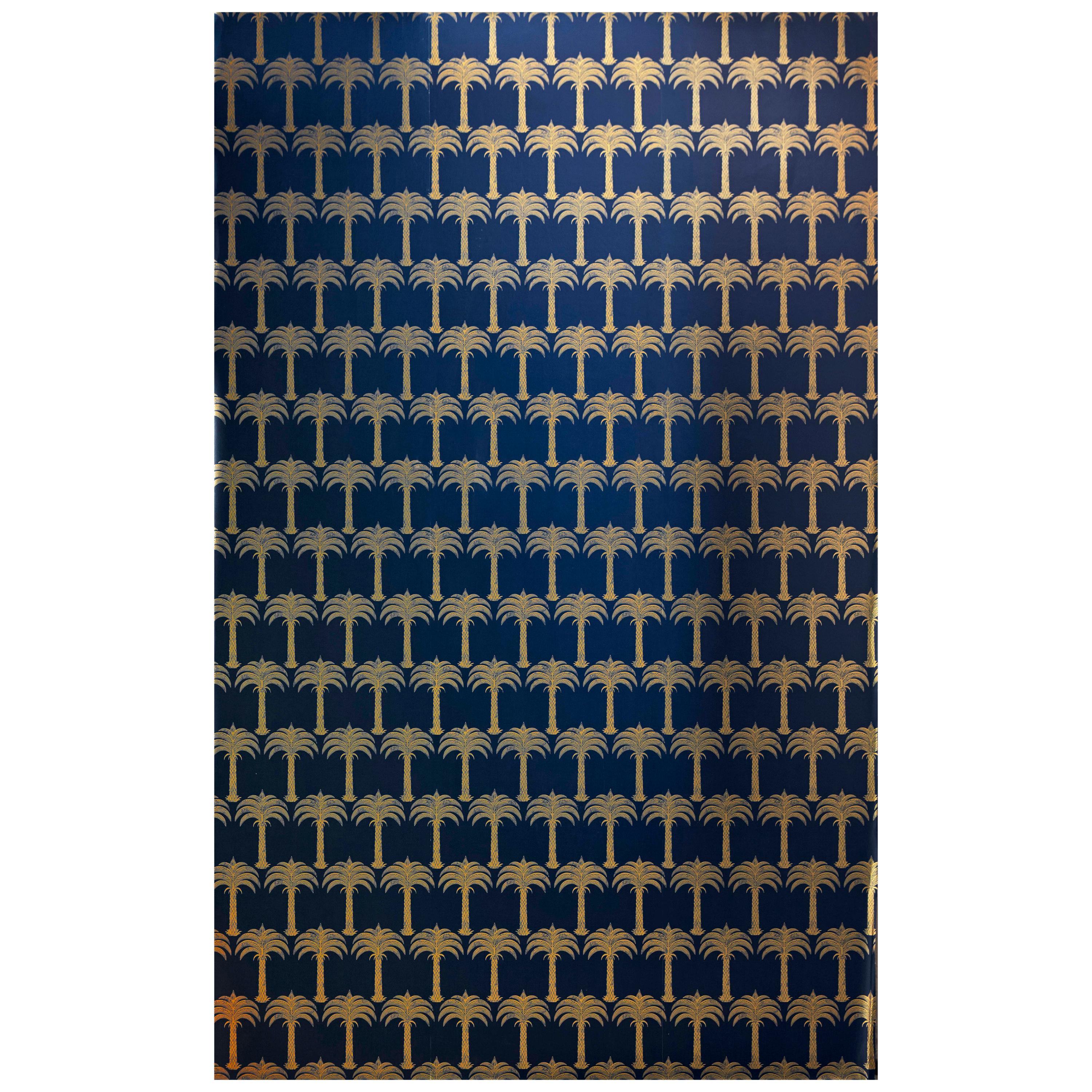 'Marrakech Palm' Contemporary, Traditional Wallpaper in Midnight Blue For Sale