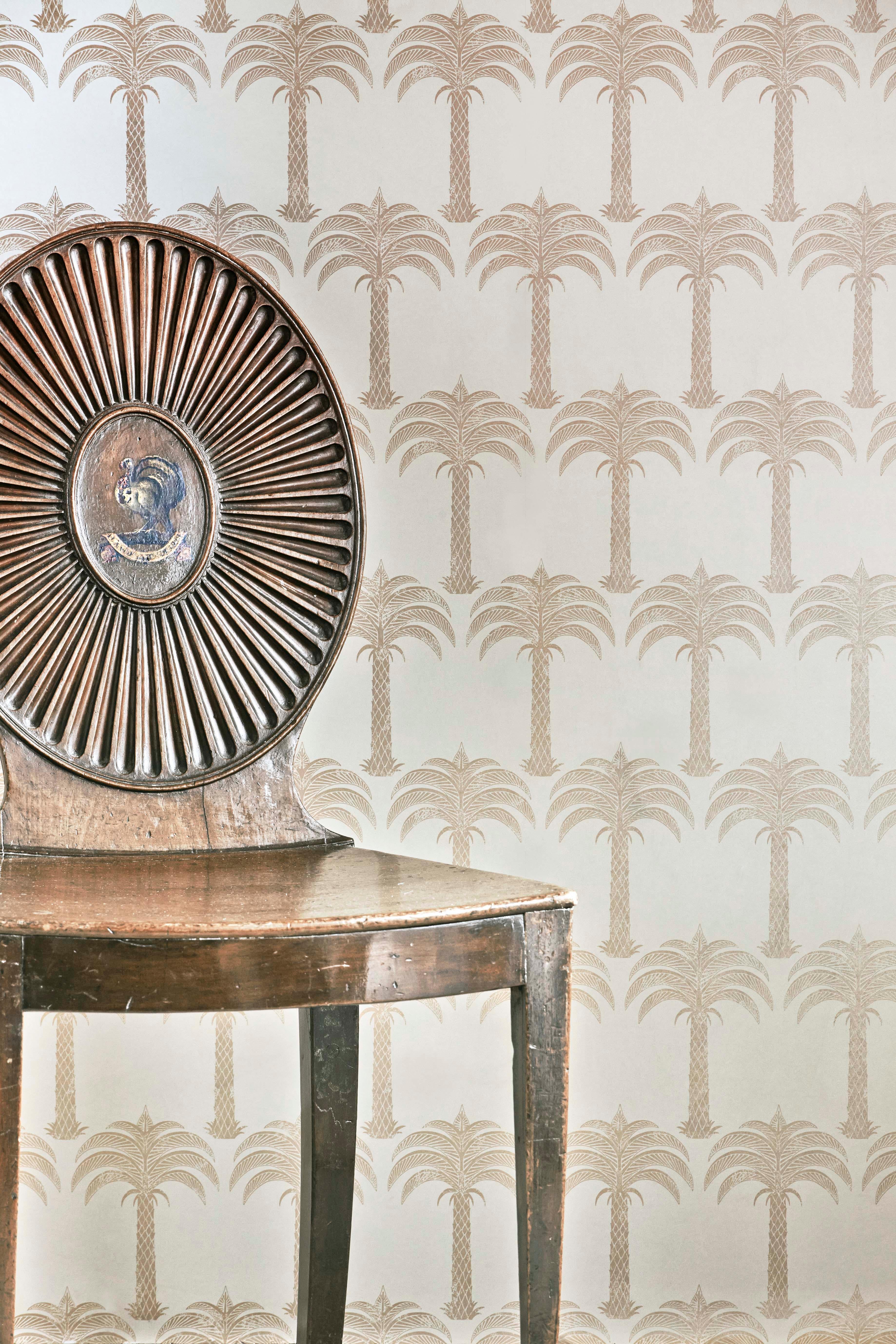 British 'Marrakech Palm' Contemporary, Traditional Wallpaper in Soft Gold For Sale