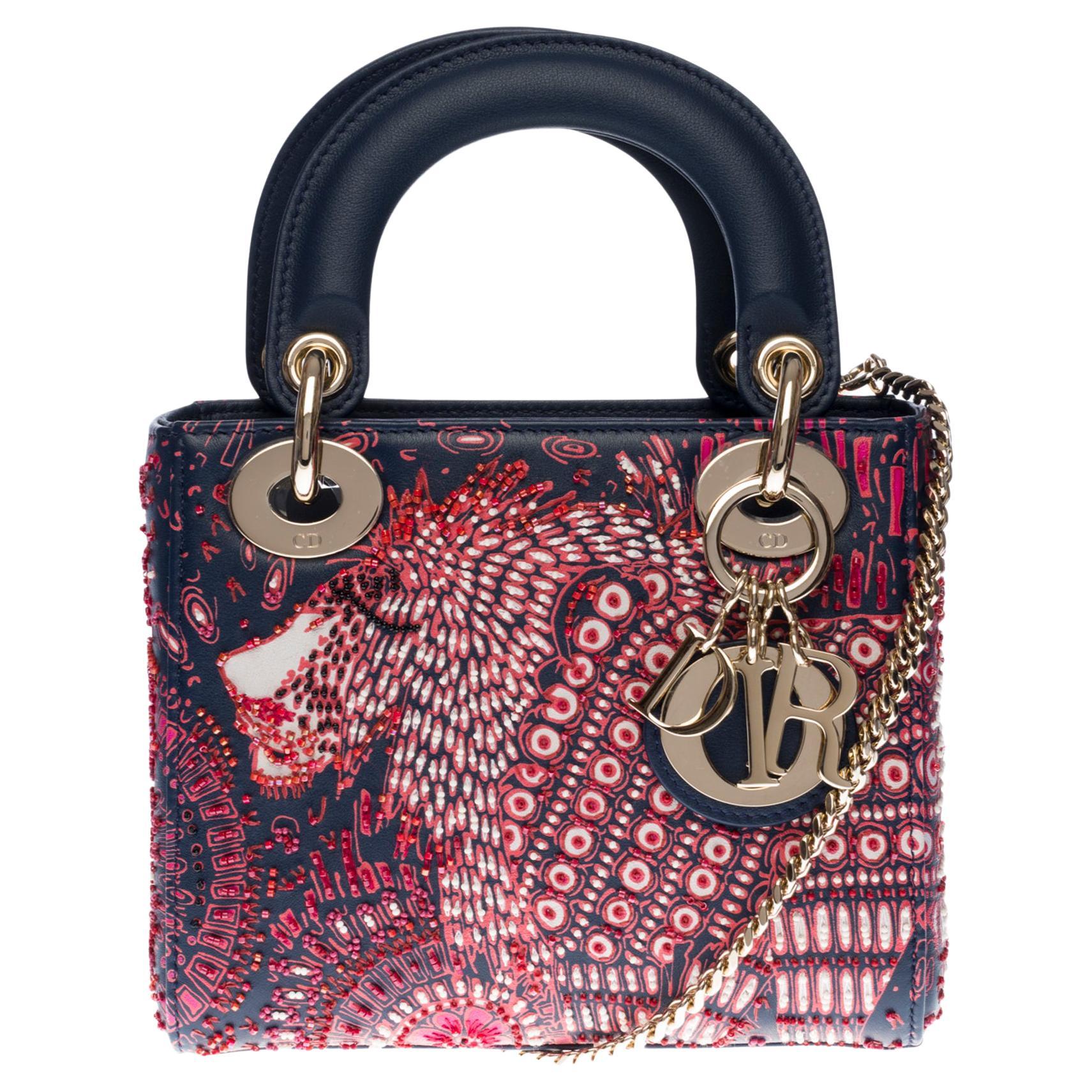 Marrakesh 2020 Limited Edition Lady Dior Mini in navy blue leather with beads 