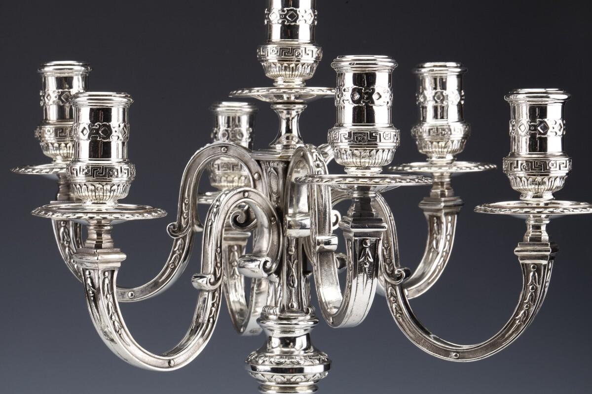 Mid-19th Century Marret Frères- Important Pair of 19th Century Sterling Silver Candelabra For Sale