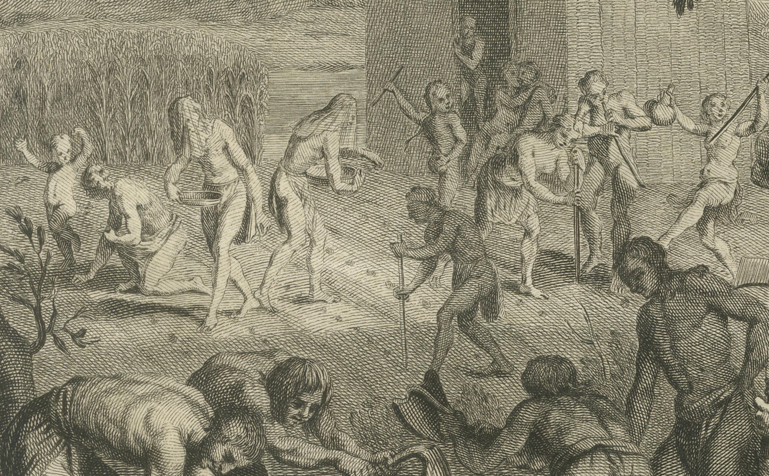 Titel: Heirat der Indianer Panamas und Landgewinnung für die Neuvermählten

Beschreibung:
Dieser detaillierte Kupferstich aus dem 18. Jahrhundert veranschaulicht zwei wichtige soziale Bräuche der indigenen Völker Panamas, die durch eine europäische