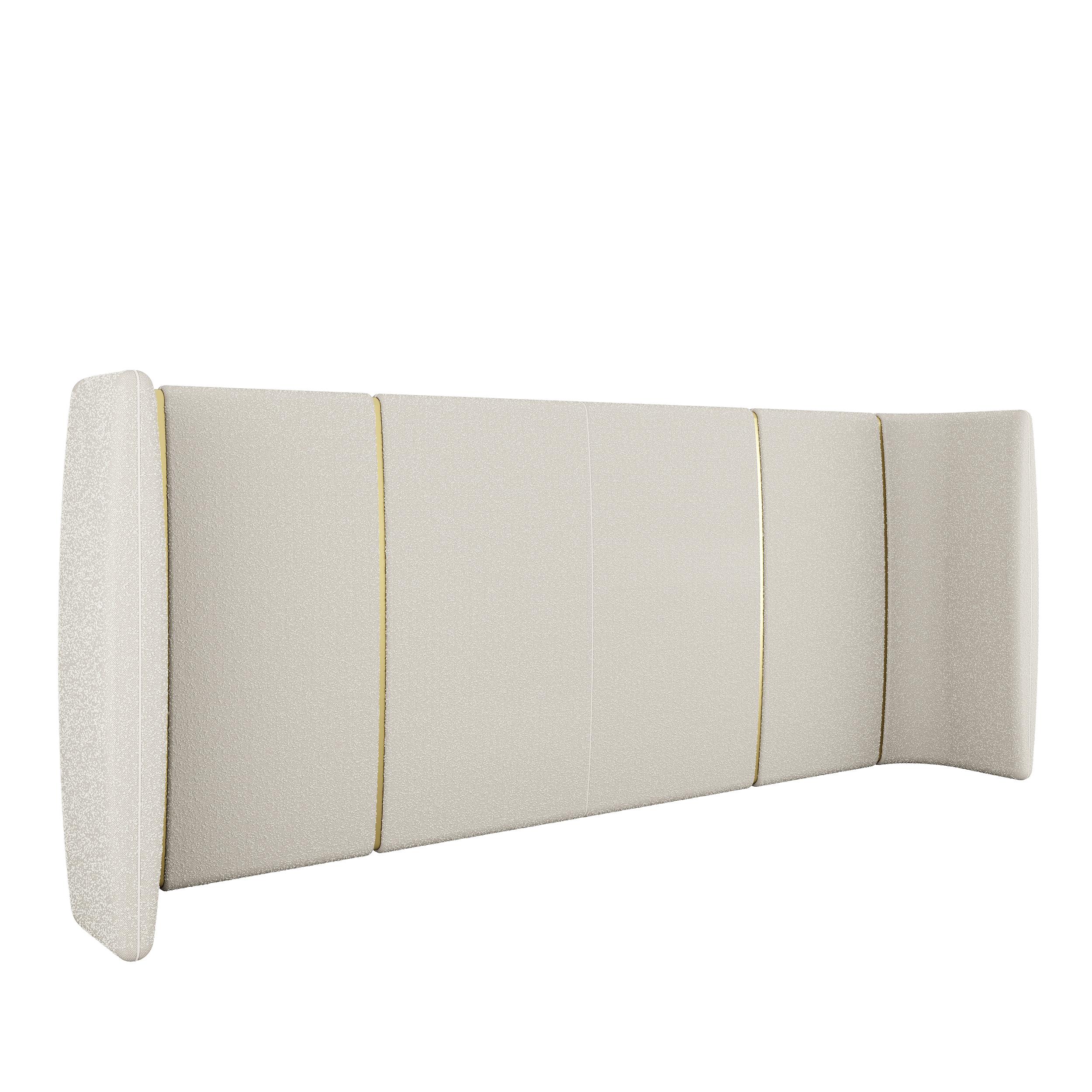 The Marriot headboard is available fully upholstered in a wide range of fabrics available from our collection. It is also possible to do it in COM (customers own material).
The inlaid details are lacquered in brass color, but is possible to do it