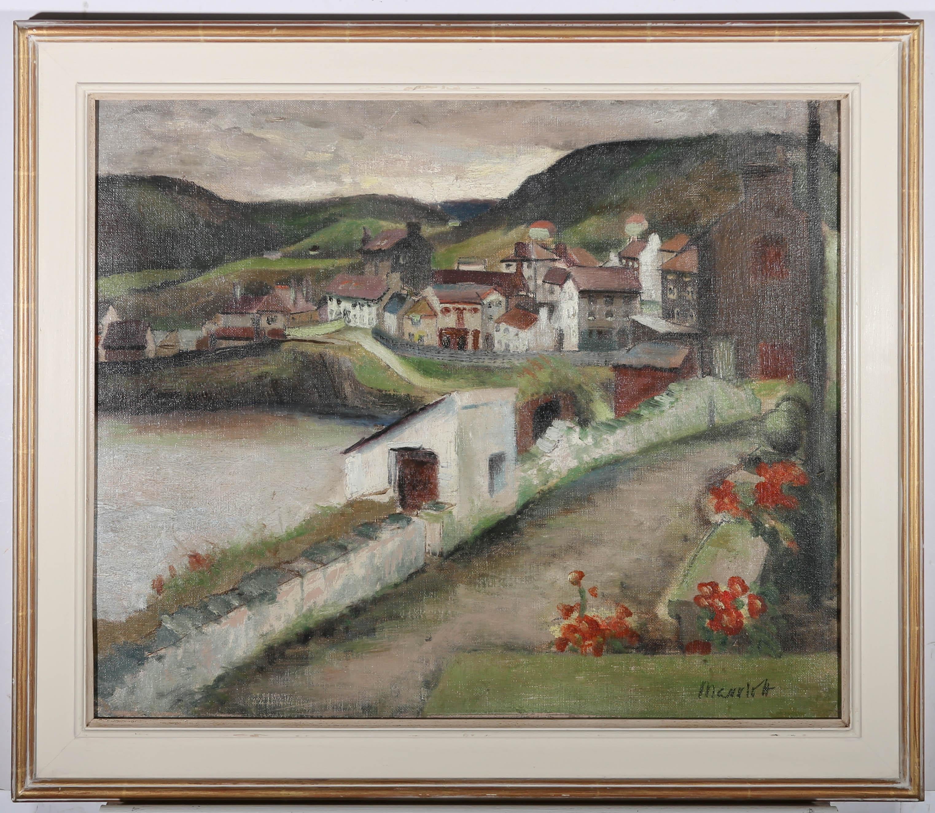 A charmingly naive oil scene showing a quaint village nestled on the banks of a river in rolling green valleys. The artist has used a muted palette with reds and greens bringing life to the buildings. The artist has signed to the lower right corner