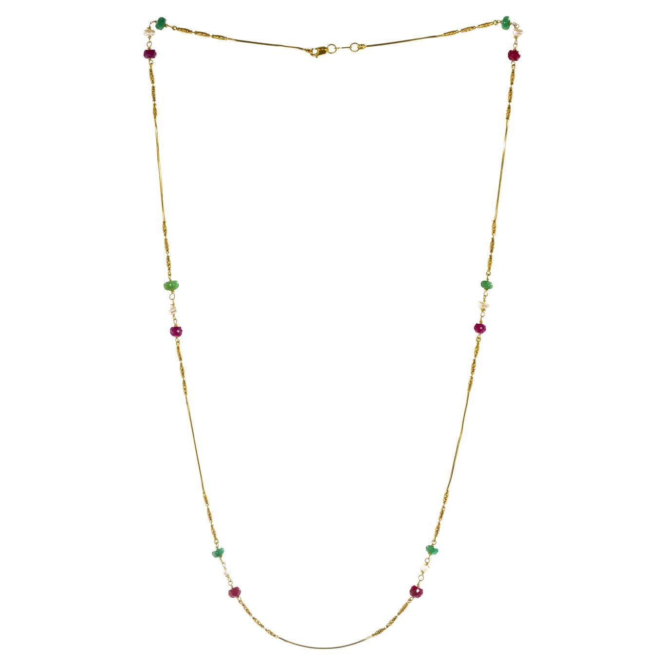 Marriyeh 22K Yellow Gold Chain Necklace with 5 Carats Multicolor Stones For Sale