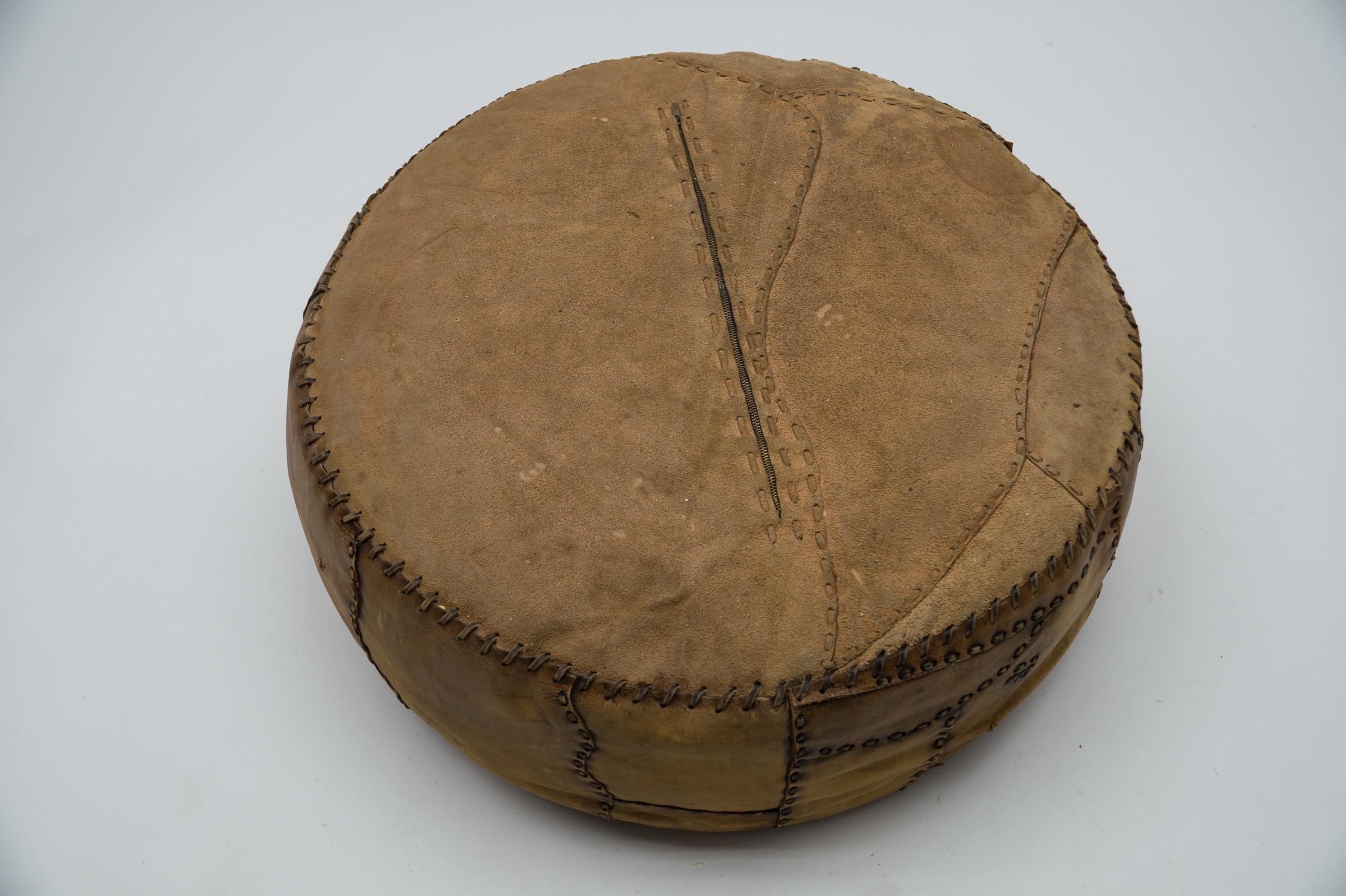 Marrocan Choco Brown Leather Patchwork Pouf, 1960s For Sale 5