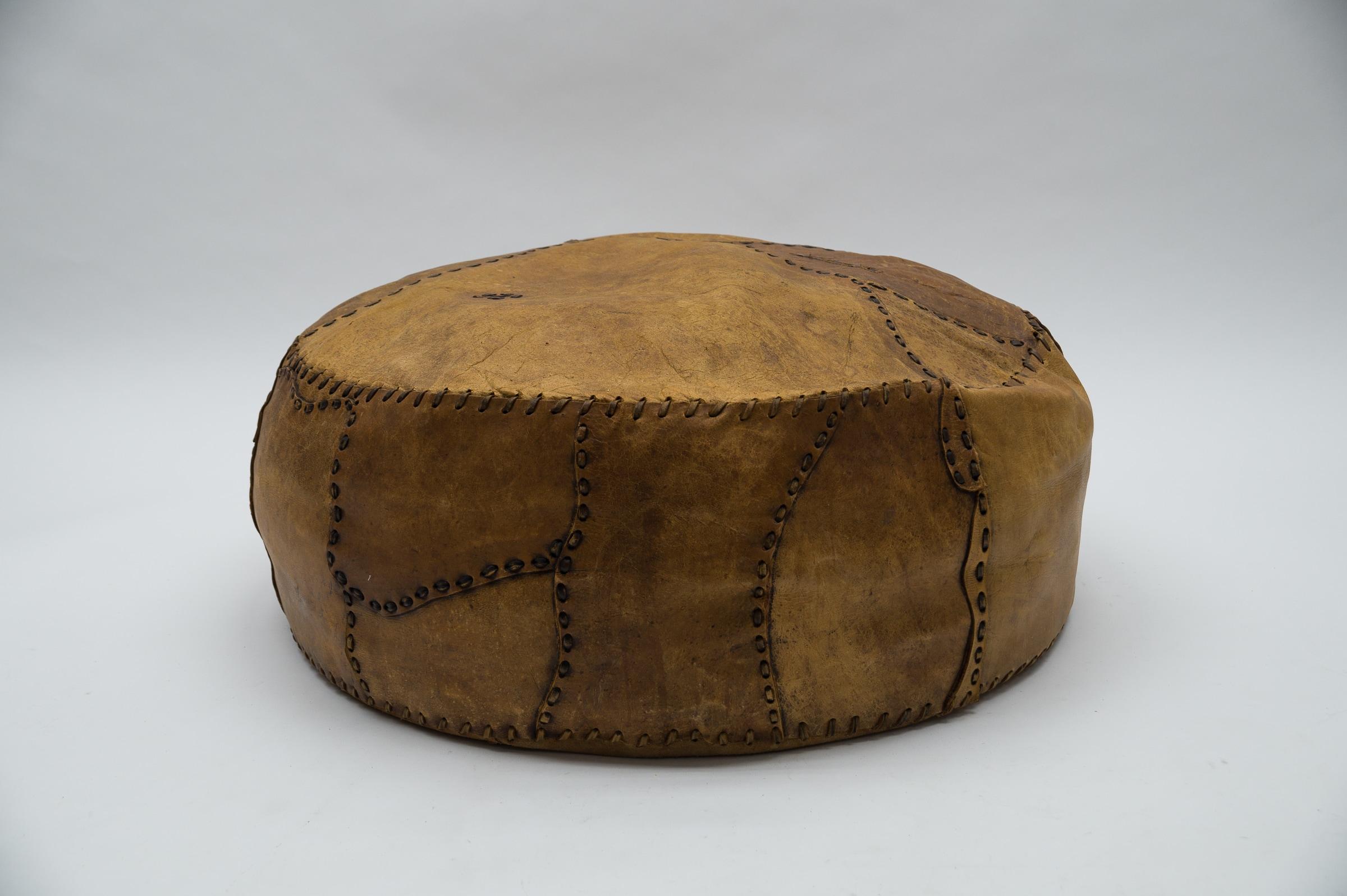 Mid-Century Modern Marrocan Choco Brown Leather Patchwork Pouf, 1960s For Sale