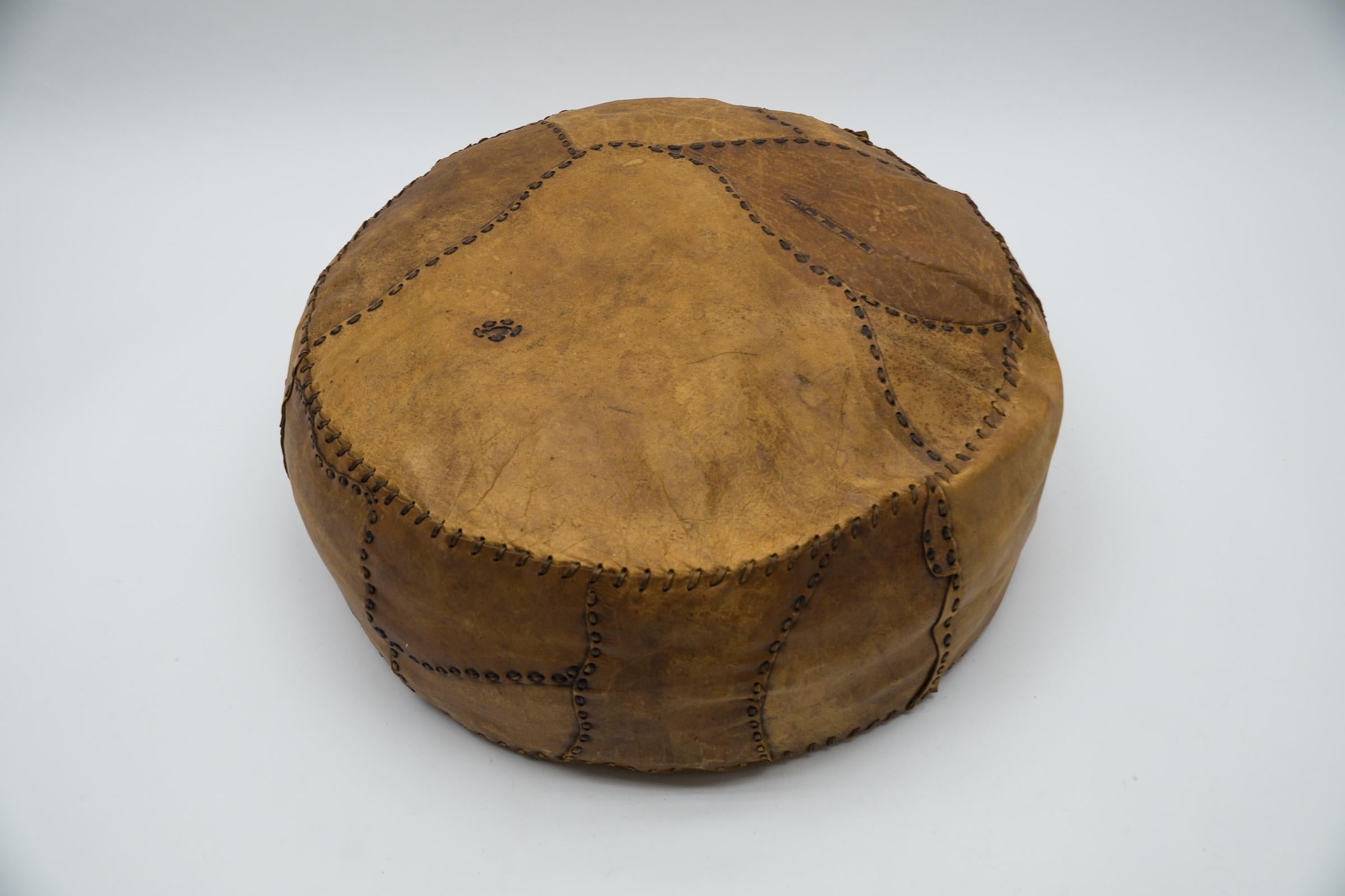European Marrocan Choco Brown Leather Patchwork Pouf, 1960s For Sale