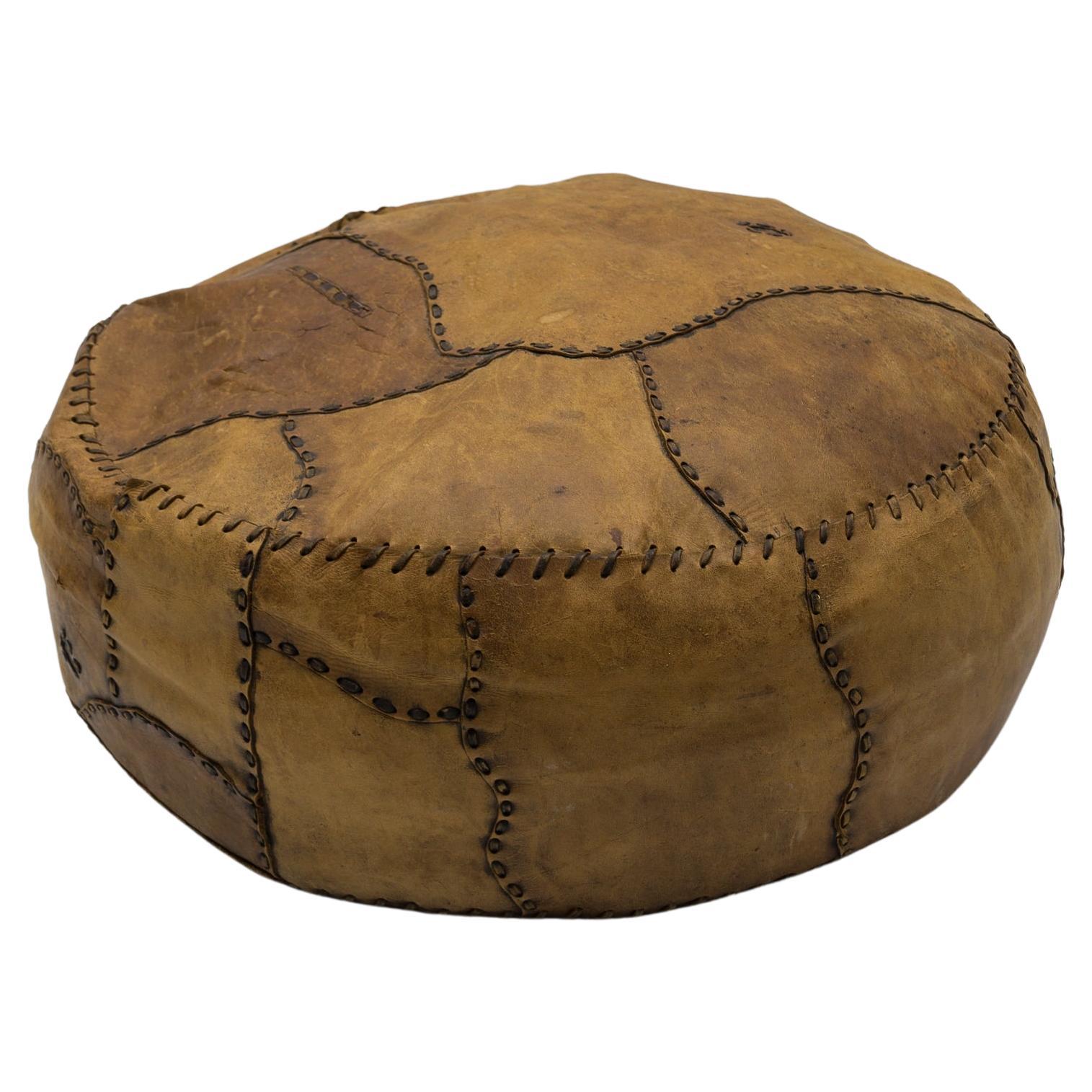 Marrocan Choco Brown Leather Patchwork Pouf, 1960s For Sale