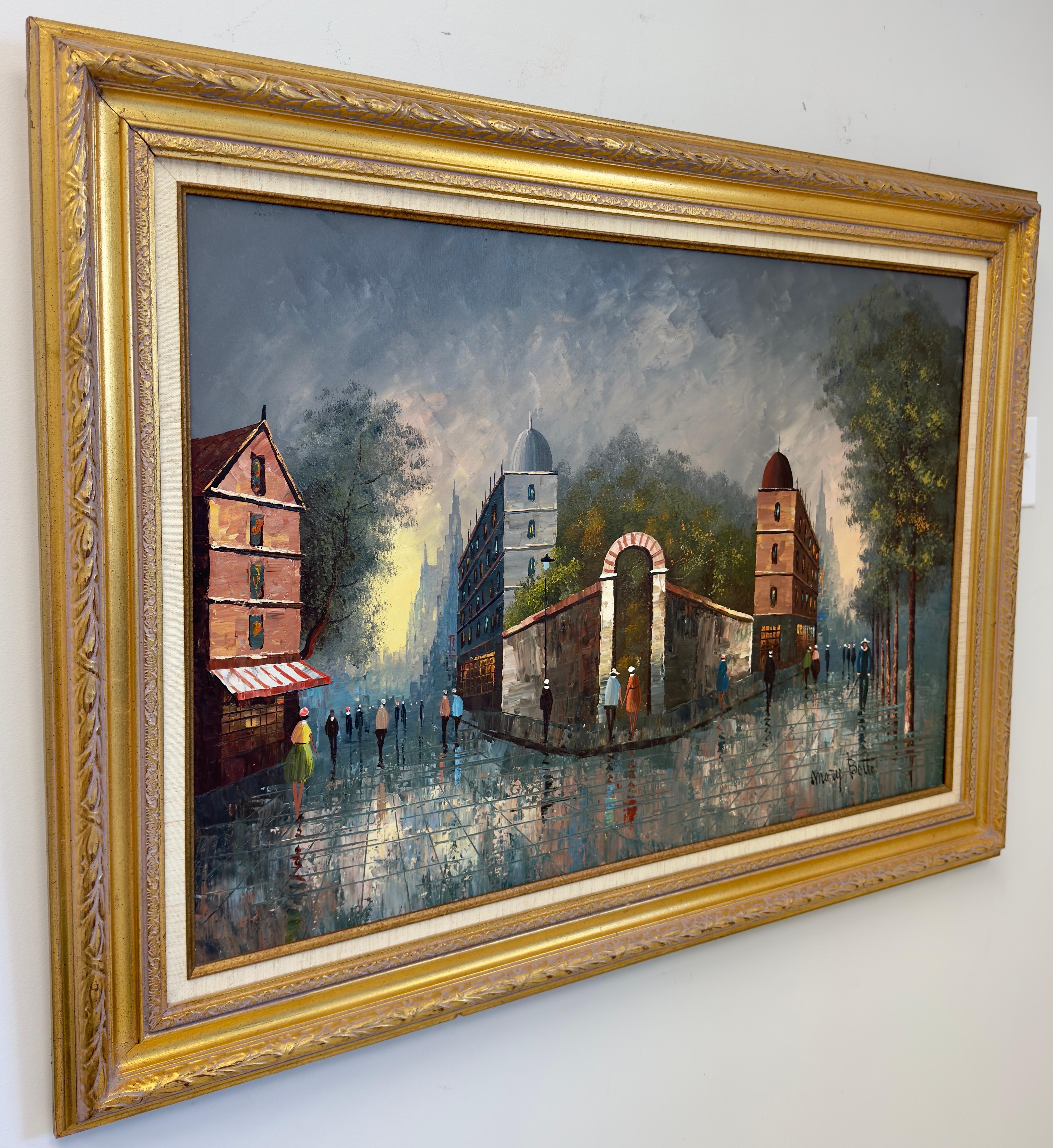 Pintura impresionista al óleo sobre lienzo de una escena callejera en Francia por Mary Botto - Painting Impresionista de Marry Botto