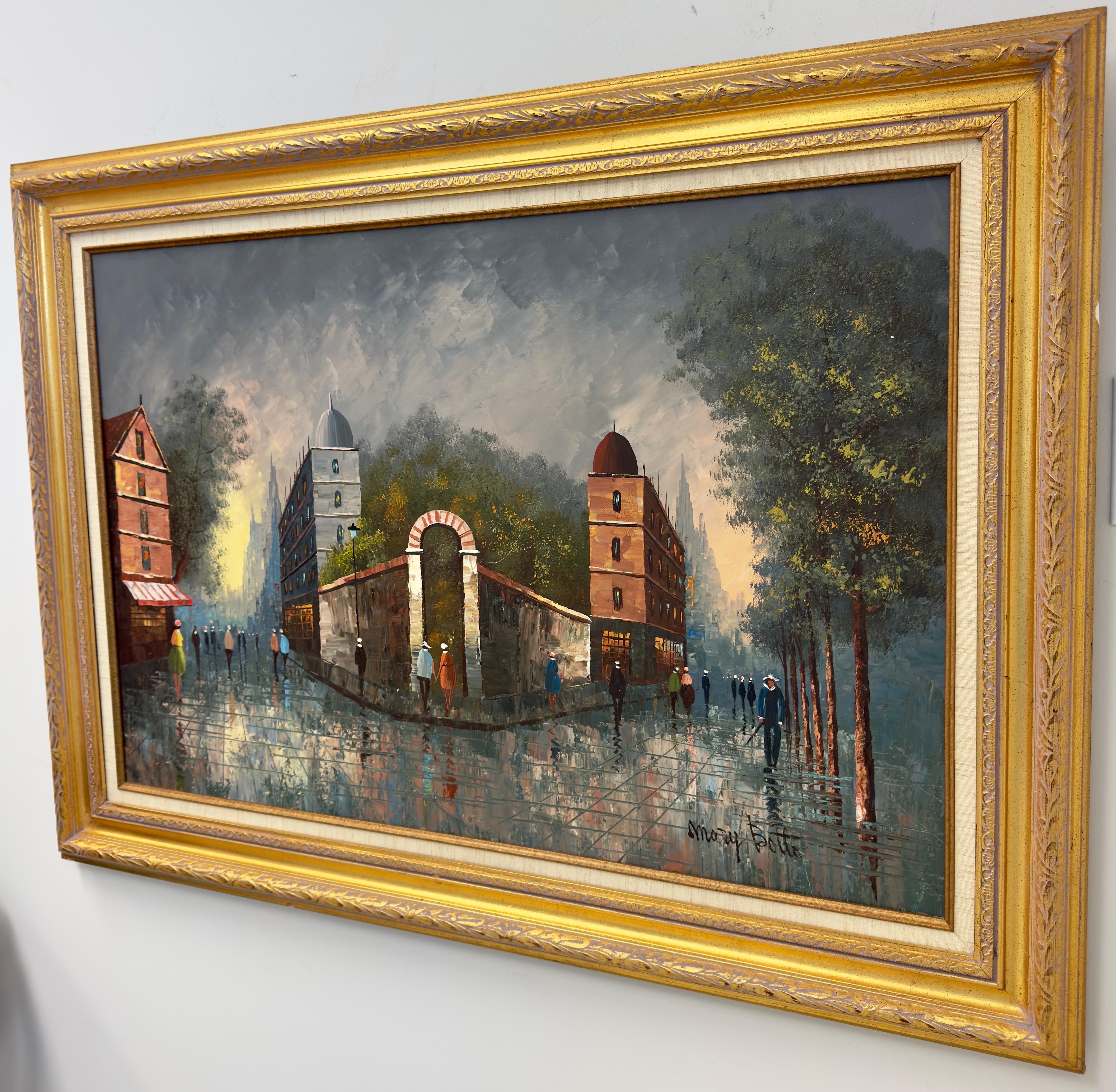 Pintura impresionista al óleo sobre lienzo de una escena callejera en Francia por Mary Botto - Landscape Painting Marrón de Marry Botto