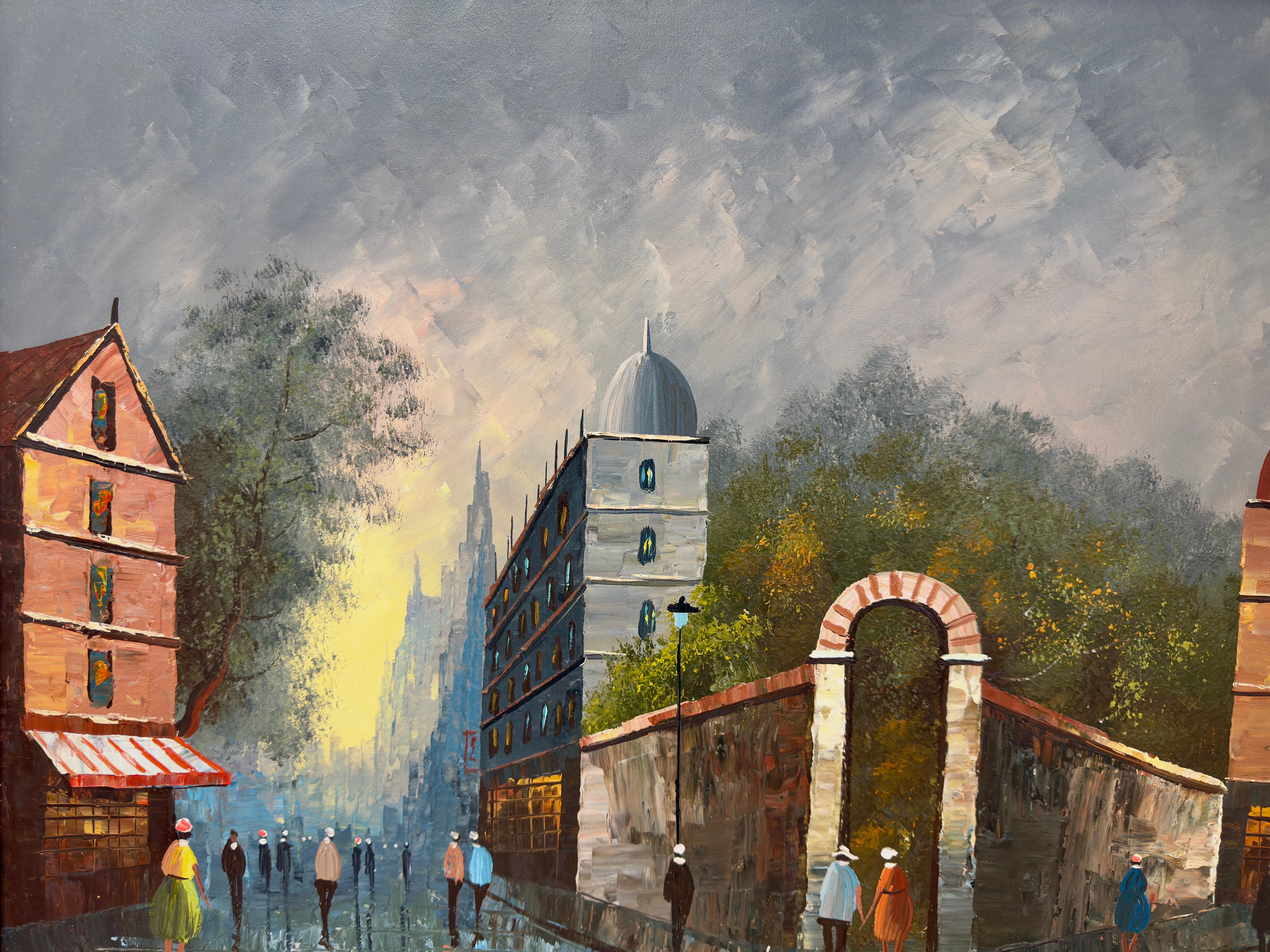 Pintura impresionista al óleo sobre lienzo de una escena callejera en Francia por Mary Botto en venta 2