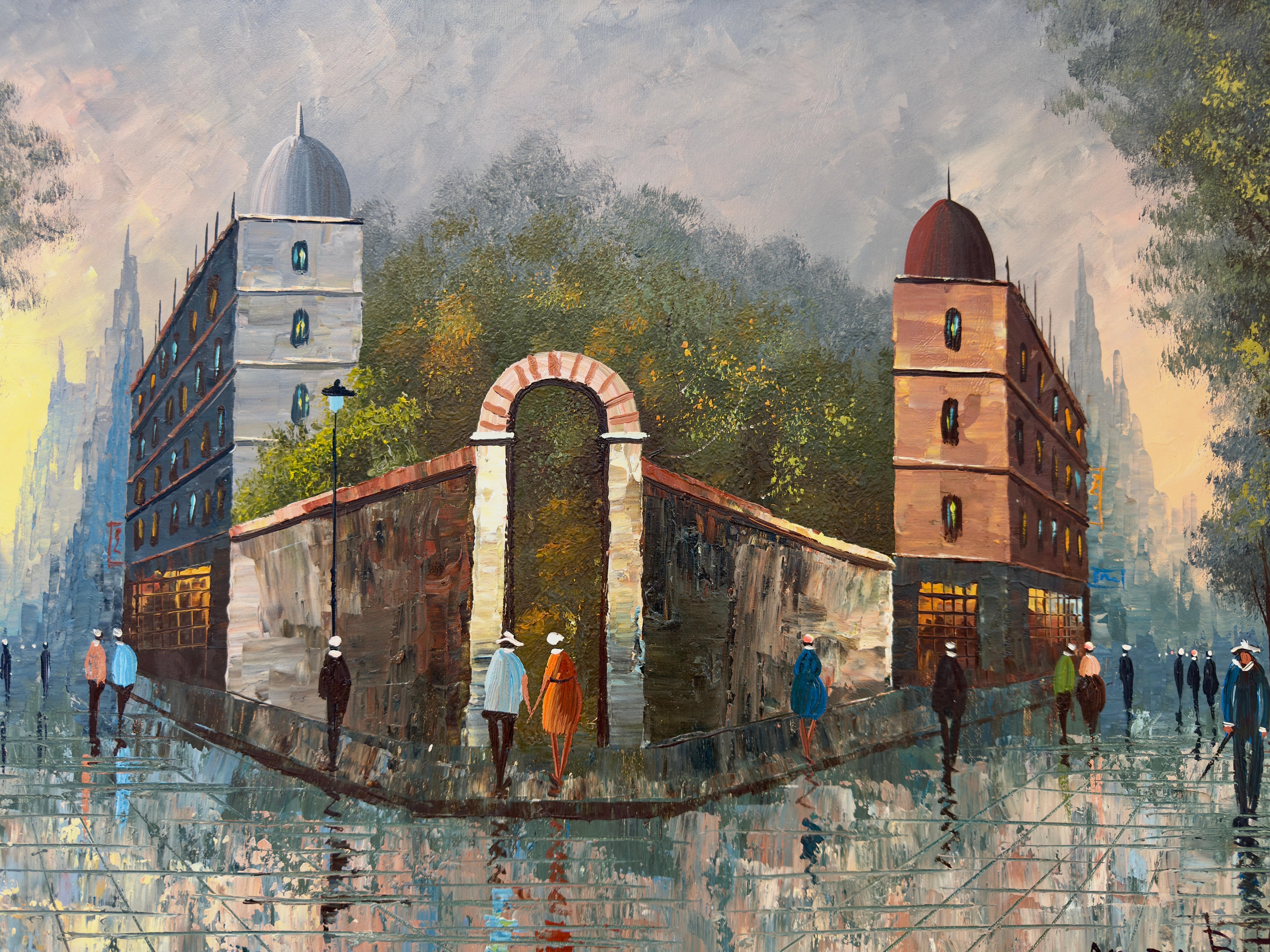 Pintura impresionista al óleo sobre lienzo de una escena callejera en Francia por Mary Botto en venta 3