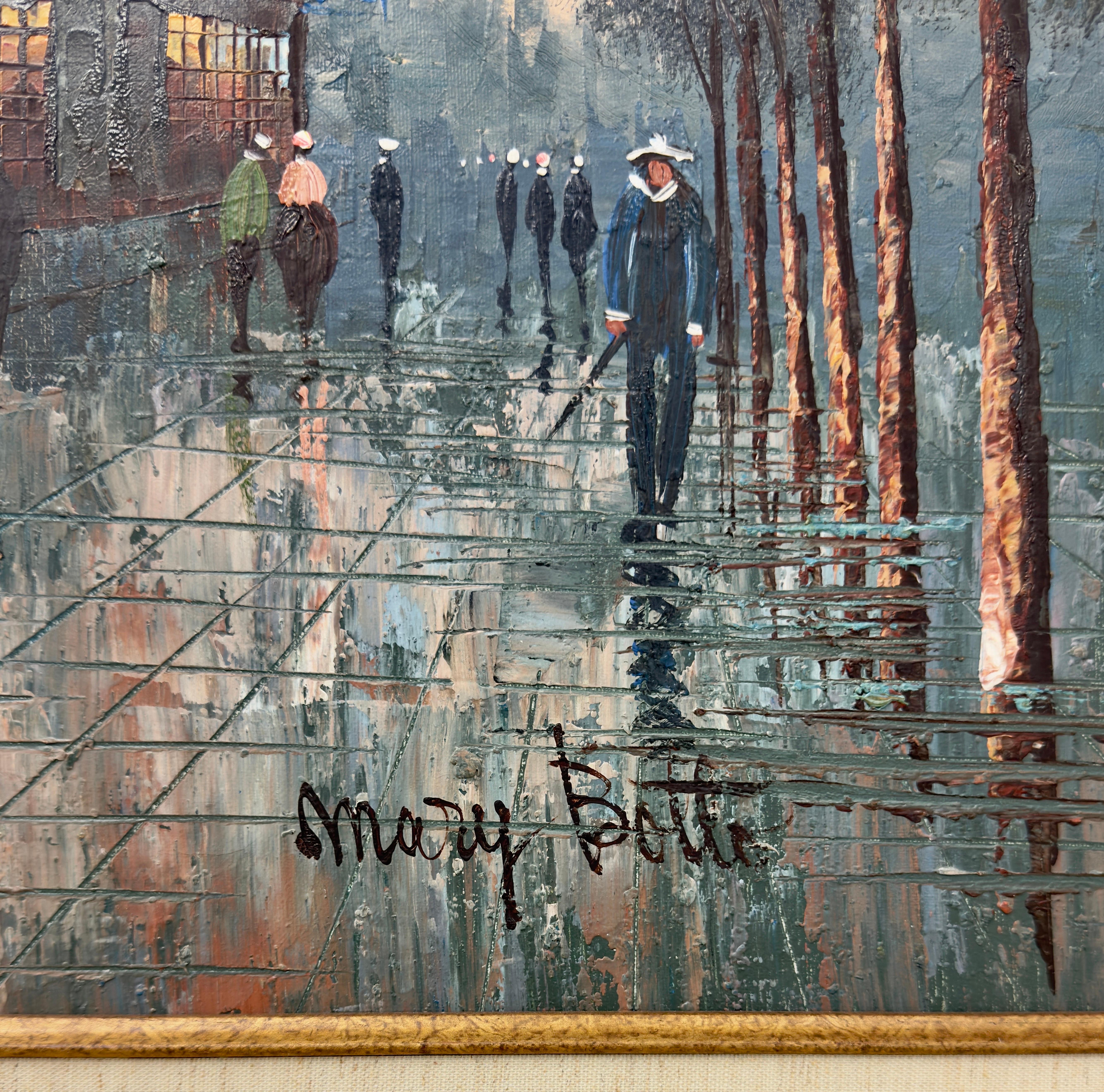 Pintura impresionista al óleo sobre lienzo de una escena callejera en Francia por Mary Botto en venta 4
