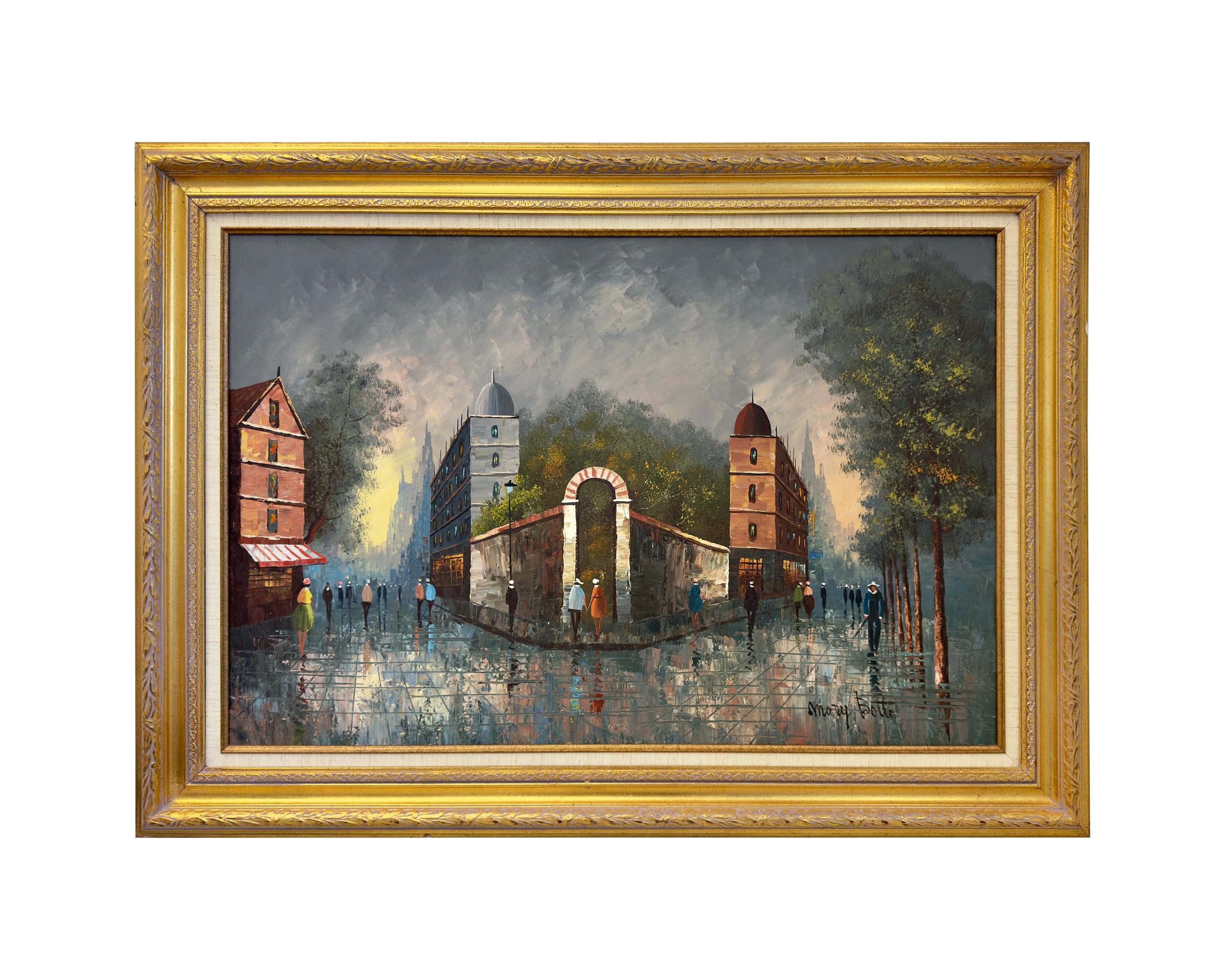 Landscape Painting de Marry Botto - Pintura impresionista al óleo sobre lienzo de una escena callejera en Francia por Mary Botto