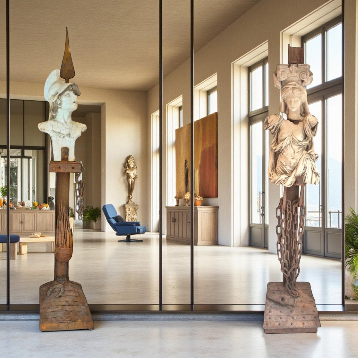 Mars God of war in rust-patinated steel & antique marble by Michel Froment, 2025 in vendita 13