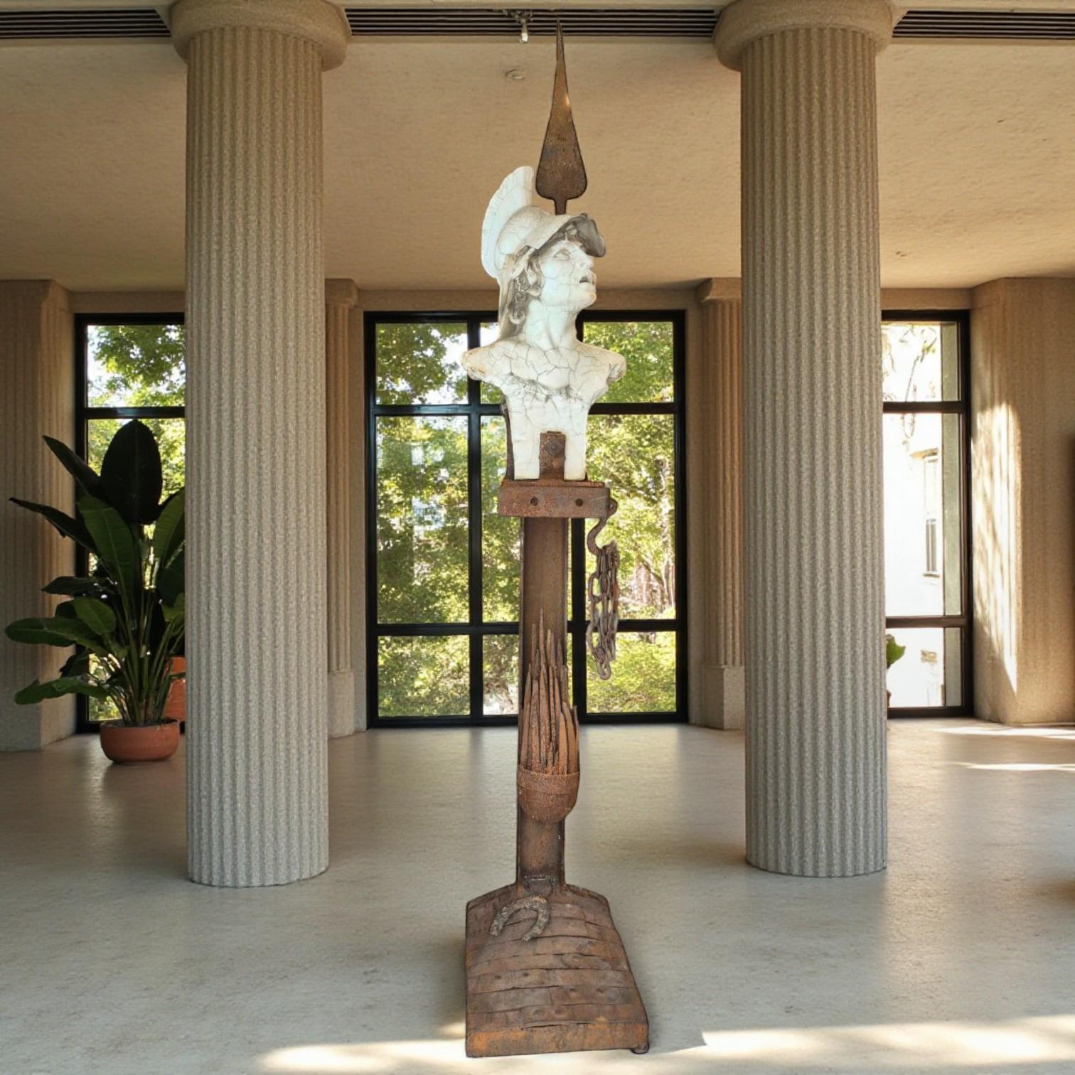 Intagliato a mano Mars God of war in rust-patinated steel & antique marble by Michel Froment, 2025 in vendita